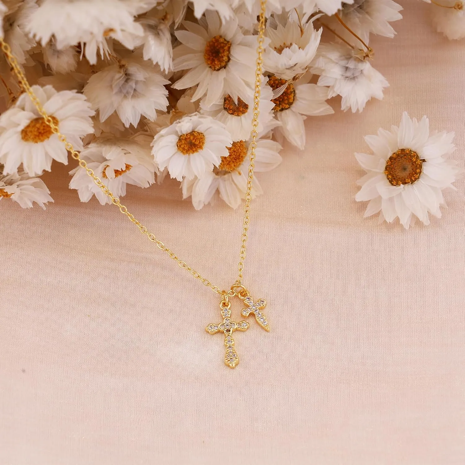 Ewrkbr Cross Necklace for Women,Gold Necklace 14K Gold Plated Cute CZ Cross Pendant Necklace Simple Dainty Gold Cross Necklaces for Women Trendy Non Tarnish Gold Necklaces Jewelry for Women