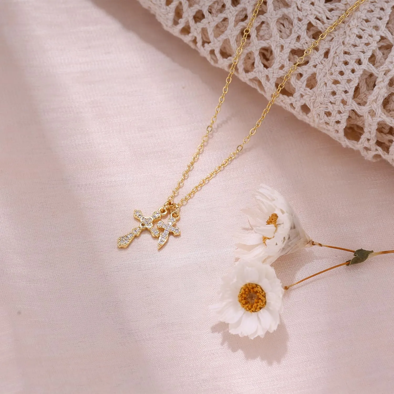 Ewrkbr Cross Necklace for Women,Gold Necklace 14K Gold Plated Cute CZ Cross Pendant Necklace Simple Dainty Gold Cross Necklaces for Women Trendy Non Tarnish Gold Necklaces Jewelry for Women