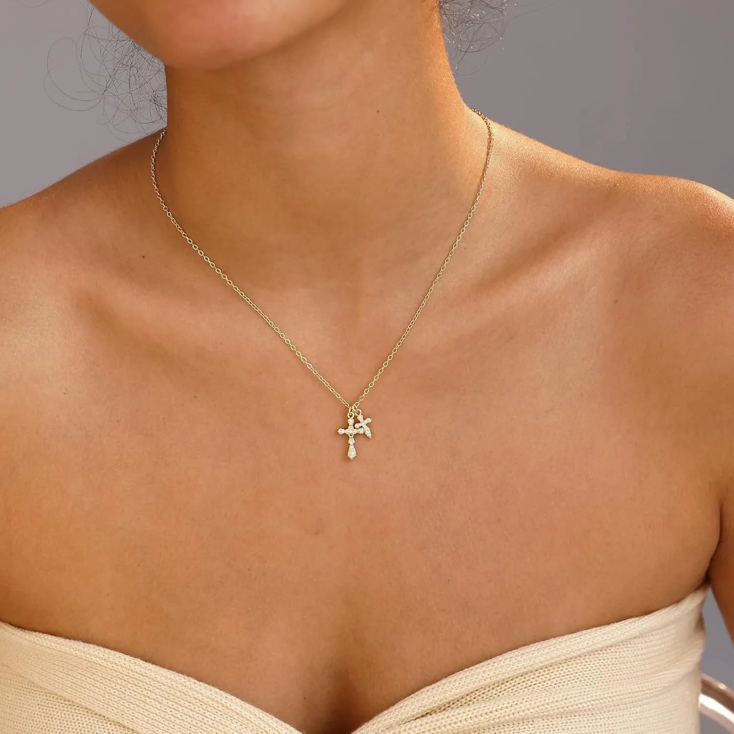 Ewrkbr Cross Necklace for Women,Gold Necklace 14K Gold Plated Cute CZ Cross Pendant Necklace Simple Dainty Gold Cross Necklaces for Women Trendy Non Tarnish Gold Necklaces Jewelry for Women