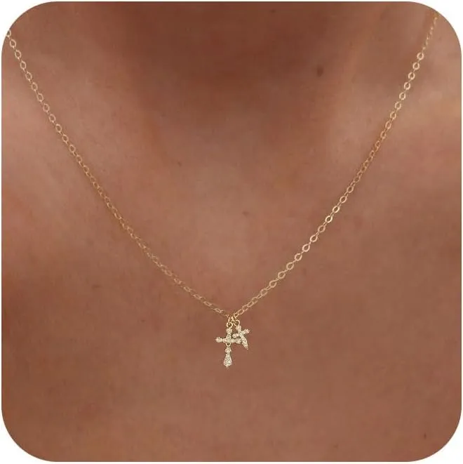 Ewrkbr Cross Necklace for Women,Gold Necklace 14K Gold Plated Cute CZ Cross Pendant Necklace Simple Dainty Gold Cross Necklaces for Women Trendy Non Tarnish Gold Necklaces Jewelry for Women