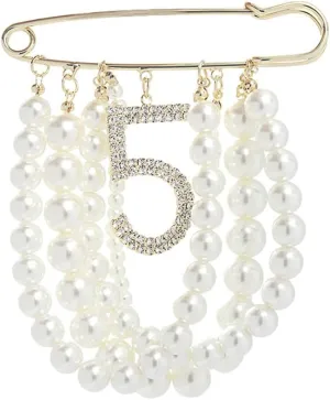 Fashion Jewelry Large Faux Imitation Pearl Dangle Lucky Number Five Brooch Pin for Women