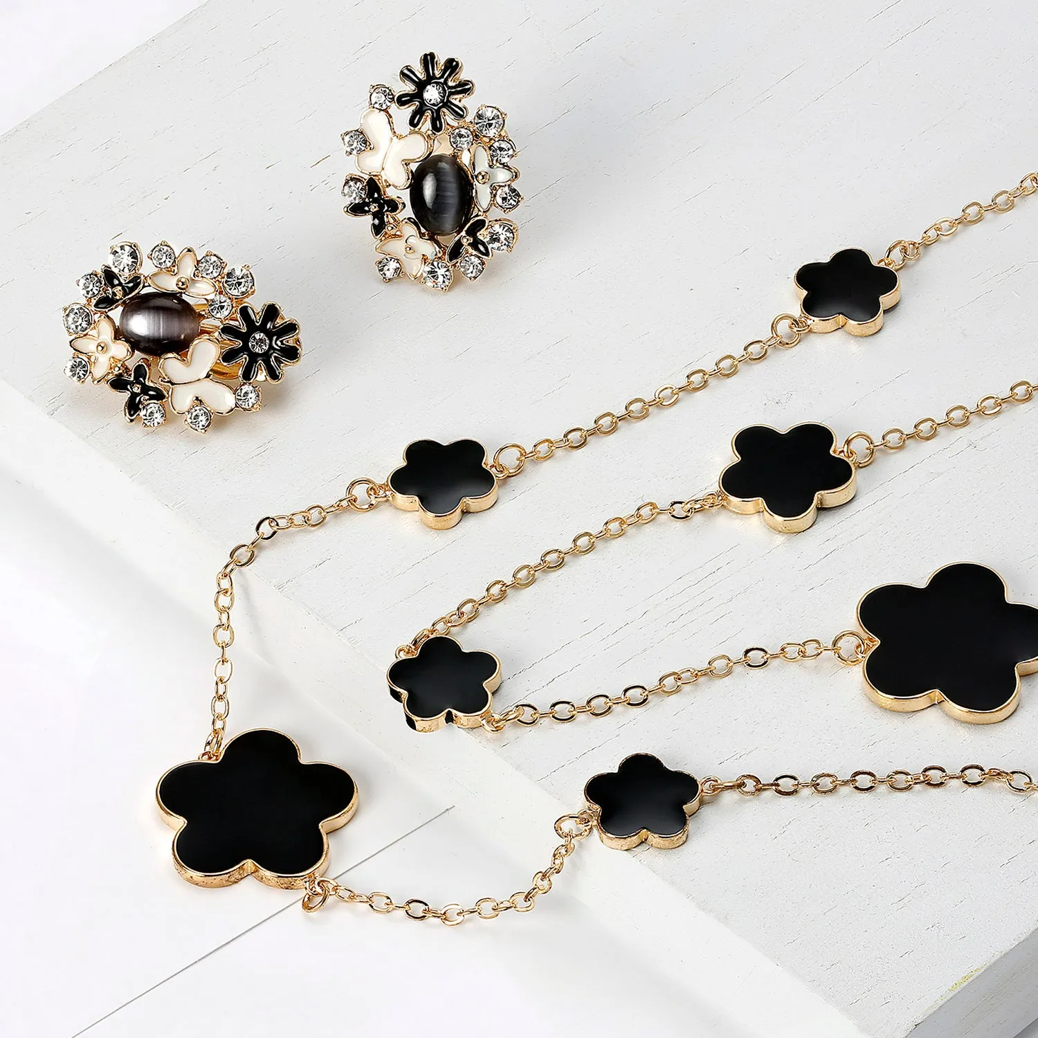 Fashion Off White Black Pink Enamel Flower Strand Necklace Silver Tone 40 Inch