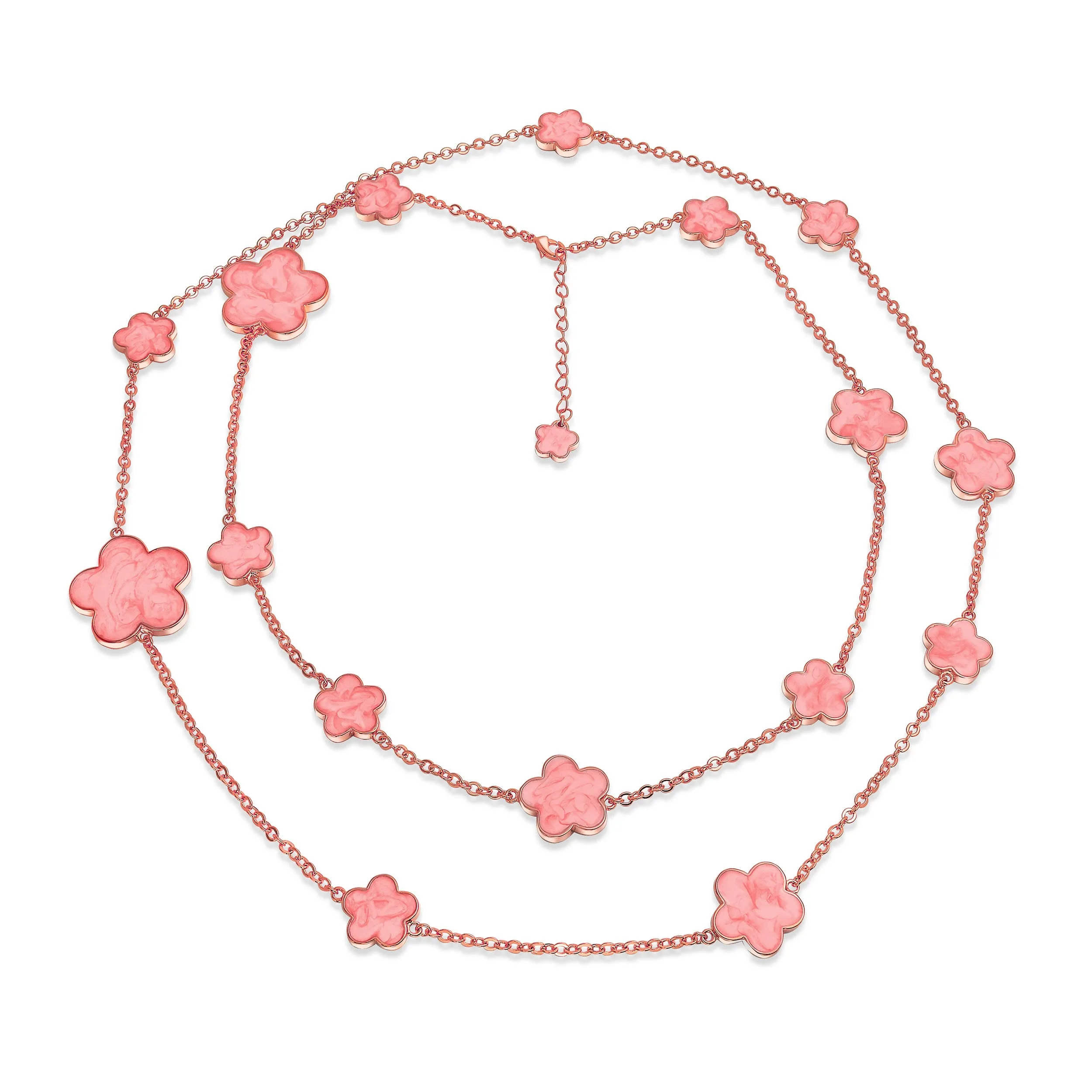 Fashion Off White Black Pink Enamel Flower Strand Necklace Silver Tone 40 Inch