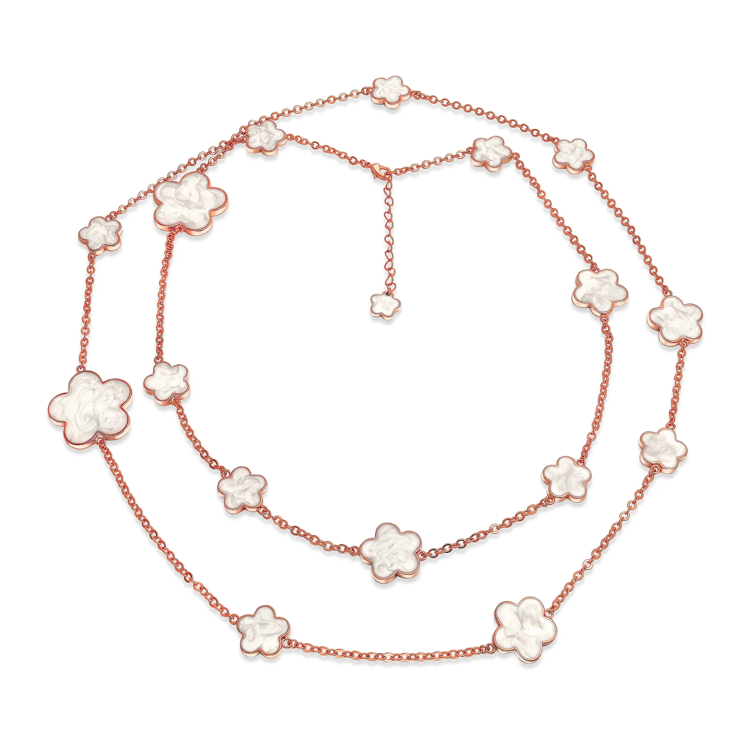 Fashion Off White Black Pink Enamel Flower Strand Necklace Silver Tone 40 Inch