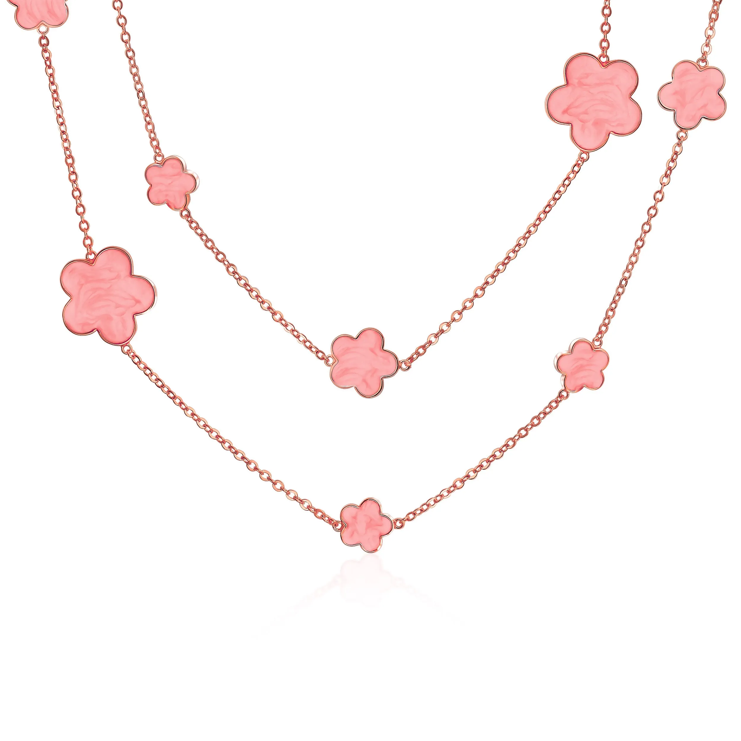 Fashion Off White Black Pink Enamel Flower Strand Necklace Silver Tone 40 Inch