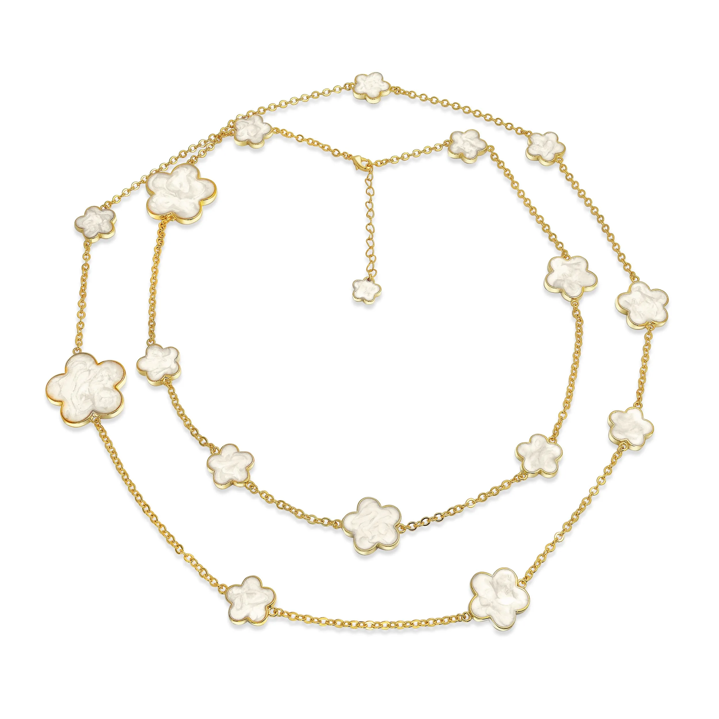Fashion Off White Black Pink Enamel Flower Strand Necklace Silver Tone 40 Inch