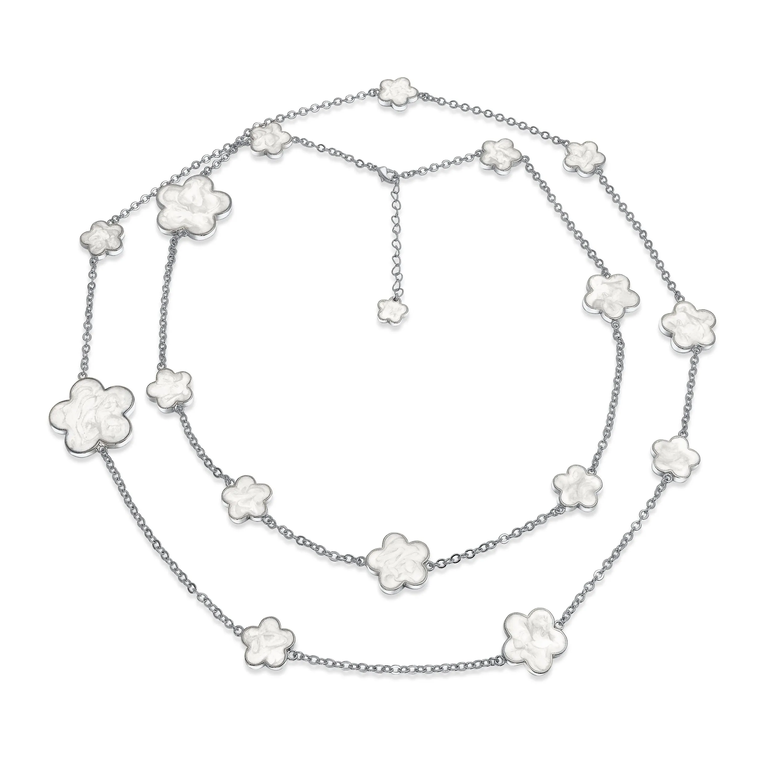 Fashion Off White Black Pink Enamel Flower Strand Necklace Silver Tone 40 Inch