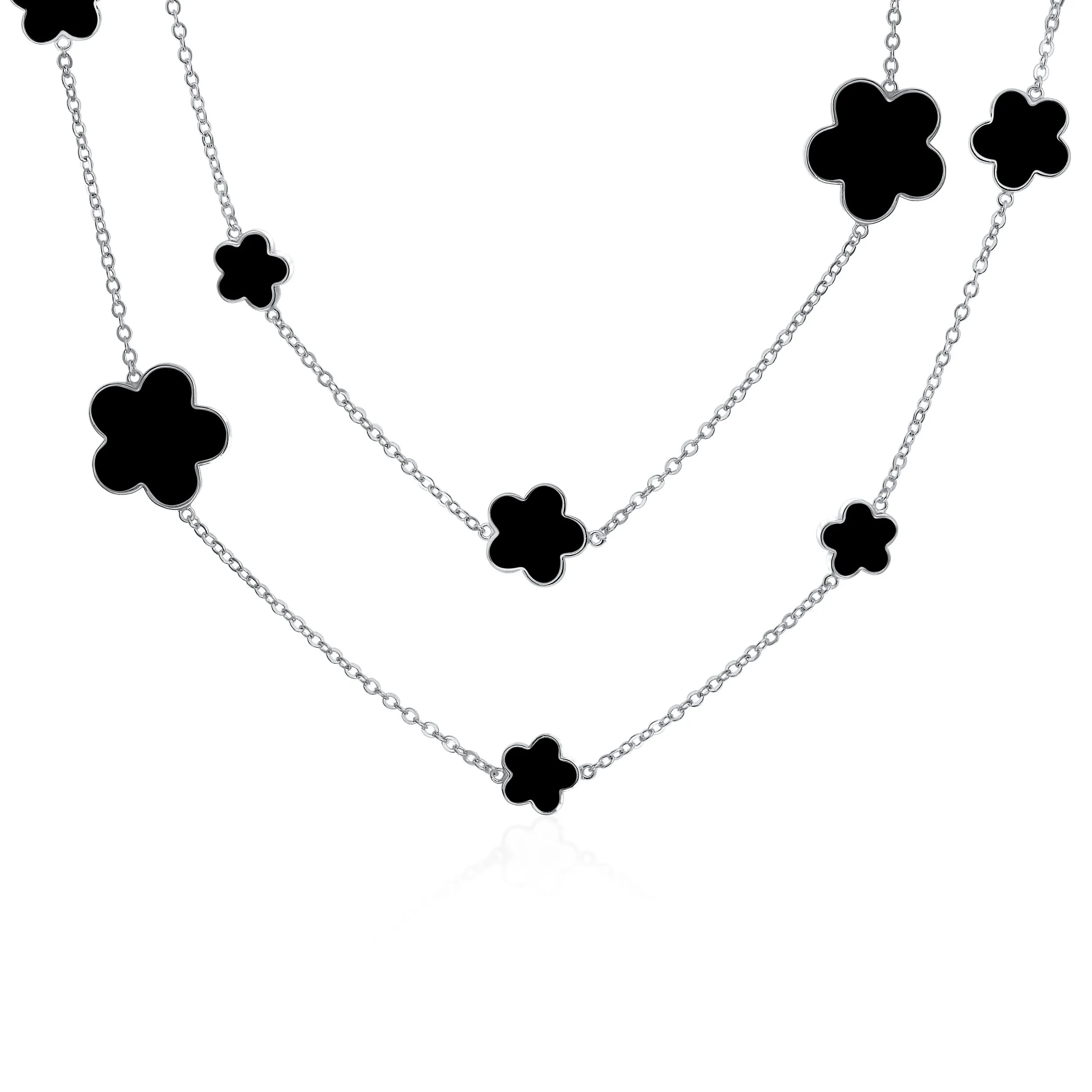 Fashion Off White Black Pink Enamel Flower Strand Necklace Silver Tone 40 Inch