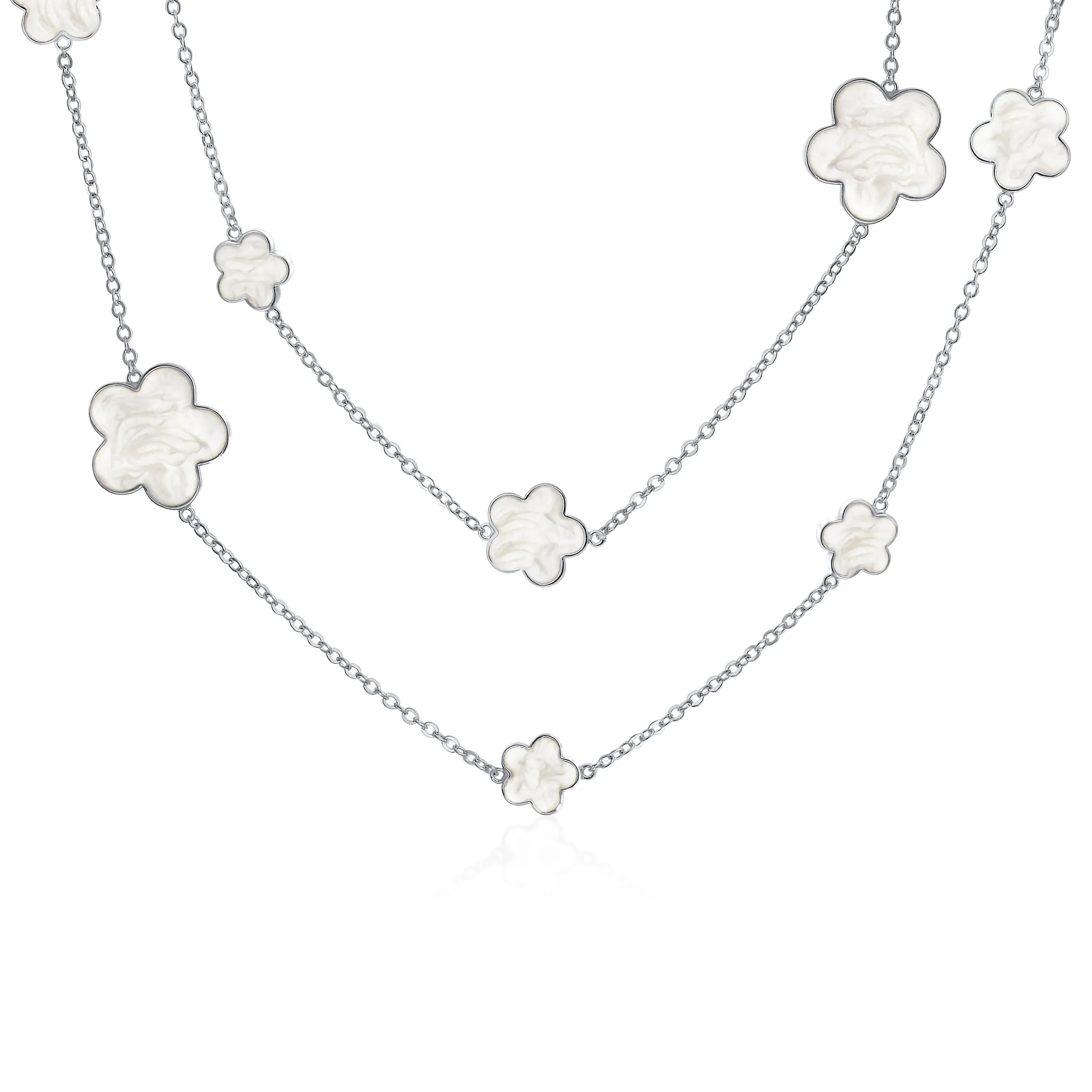 Fashion Off White Black Pink Enamel Flower Strand Necklace Silver Tone 40 Inch