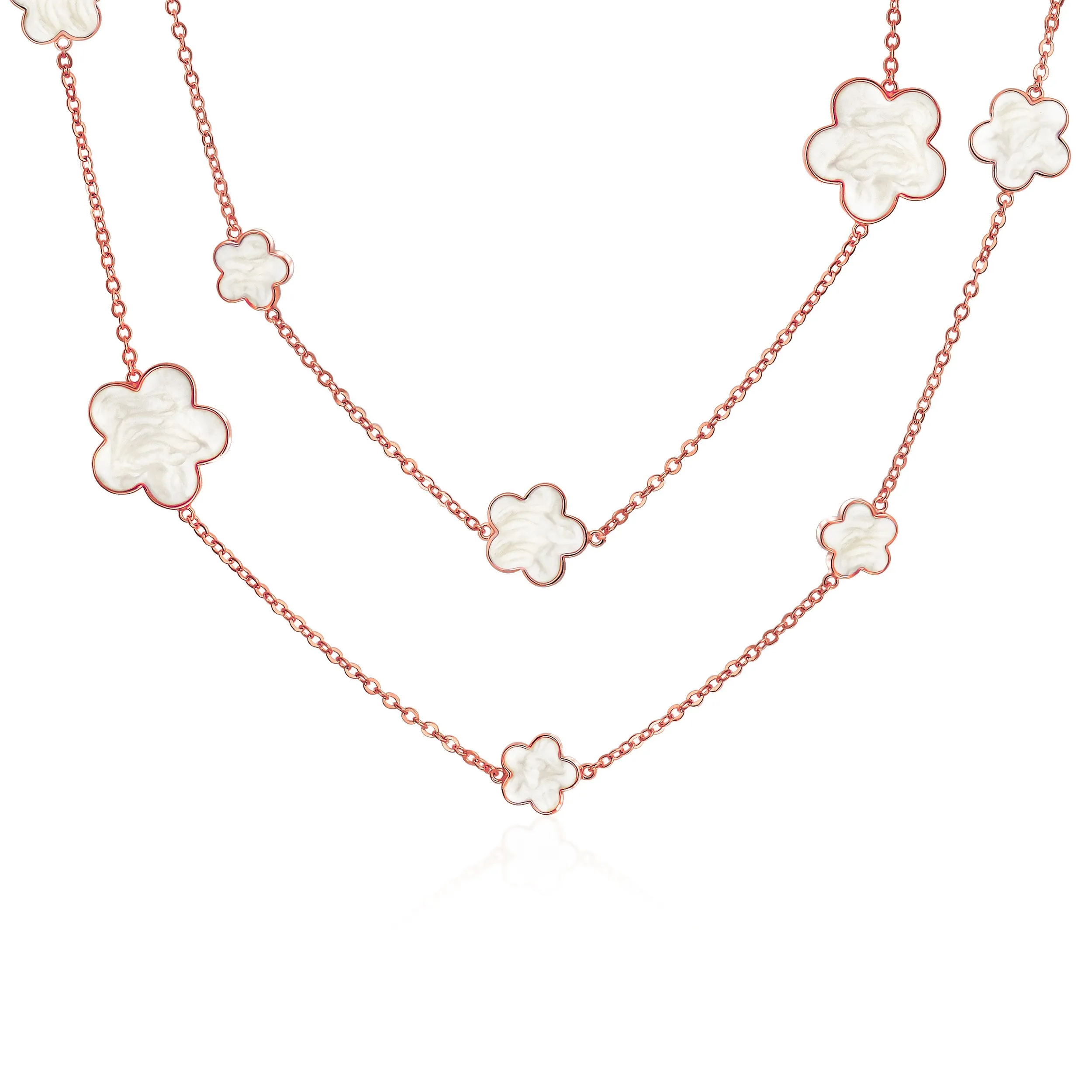 Fashion Off White Black Pink Enamel Flower Strand Necklace Silver Tone 40 Inch