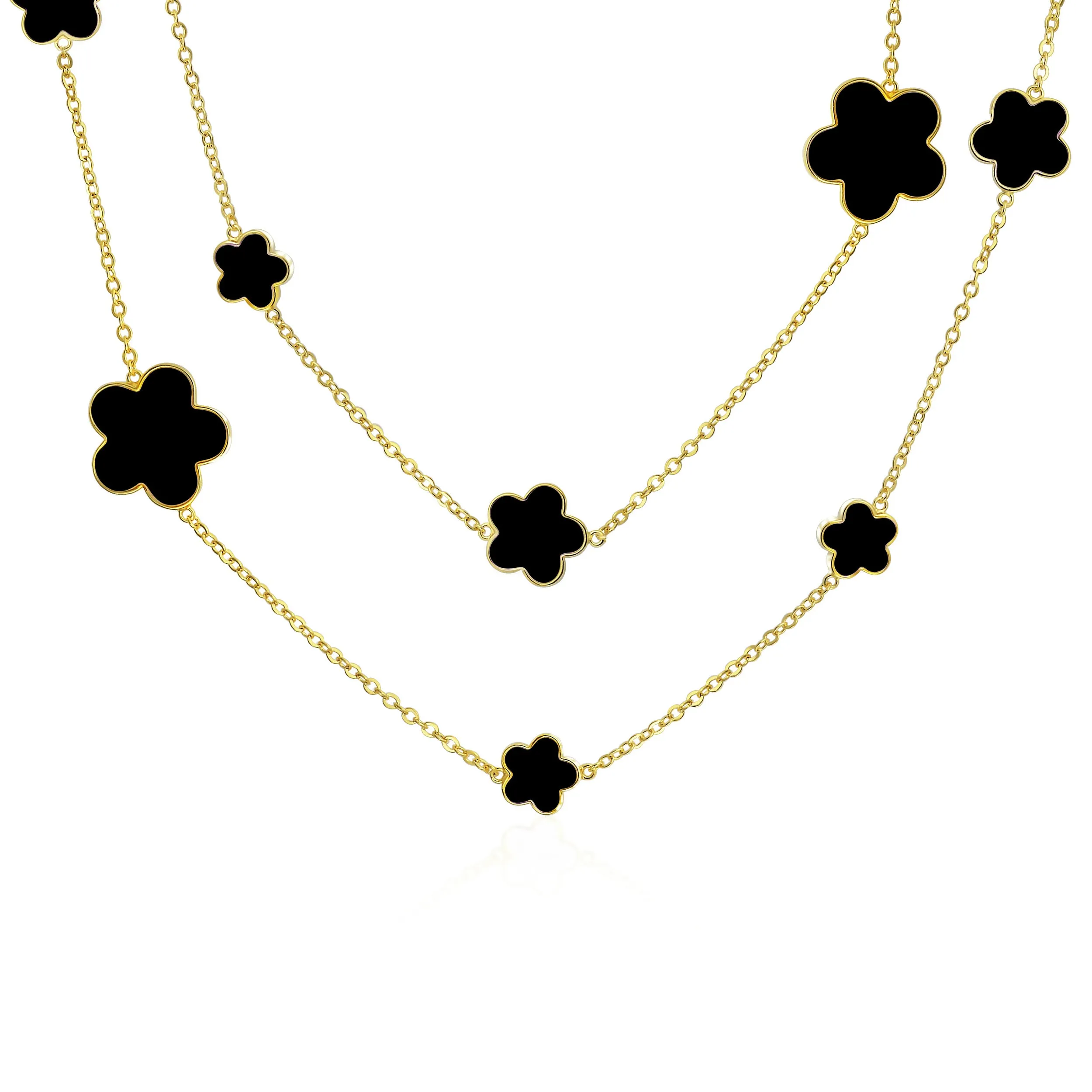 Fashion Off White Black Pink Enamel Flower Strand Necklace Silver Tone 40 Inch