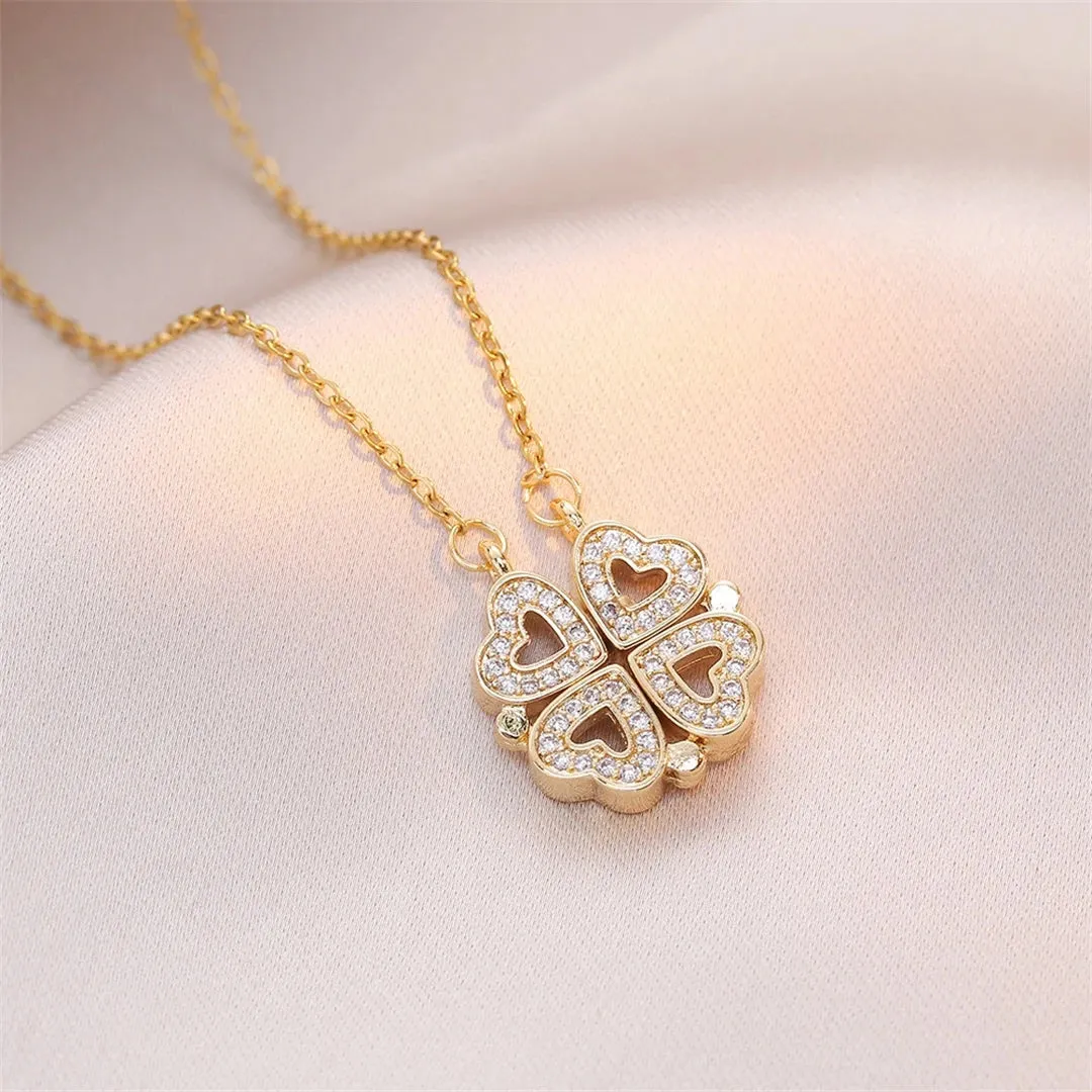 Fashion Retro Lucky Four Leaf Clover Necklace Gothic Love Heart Pendant