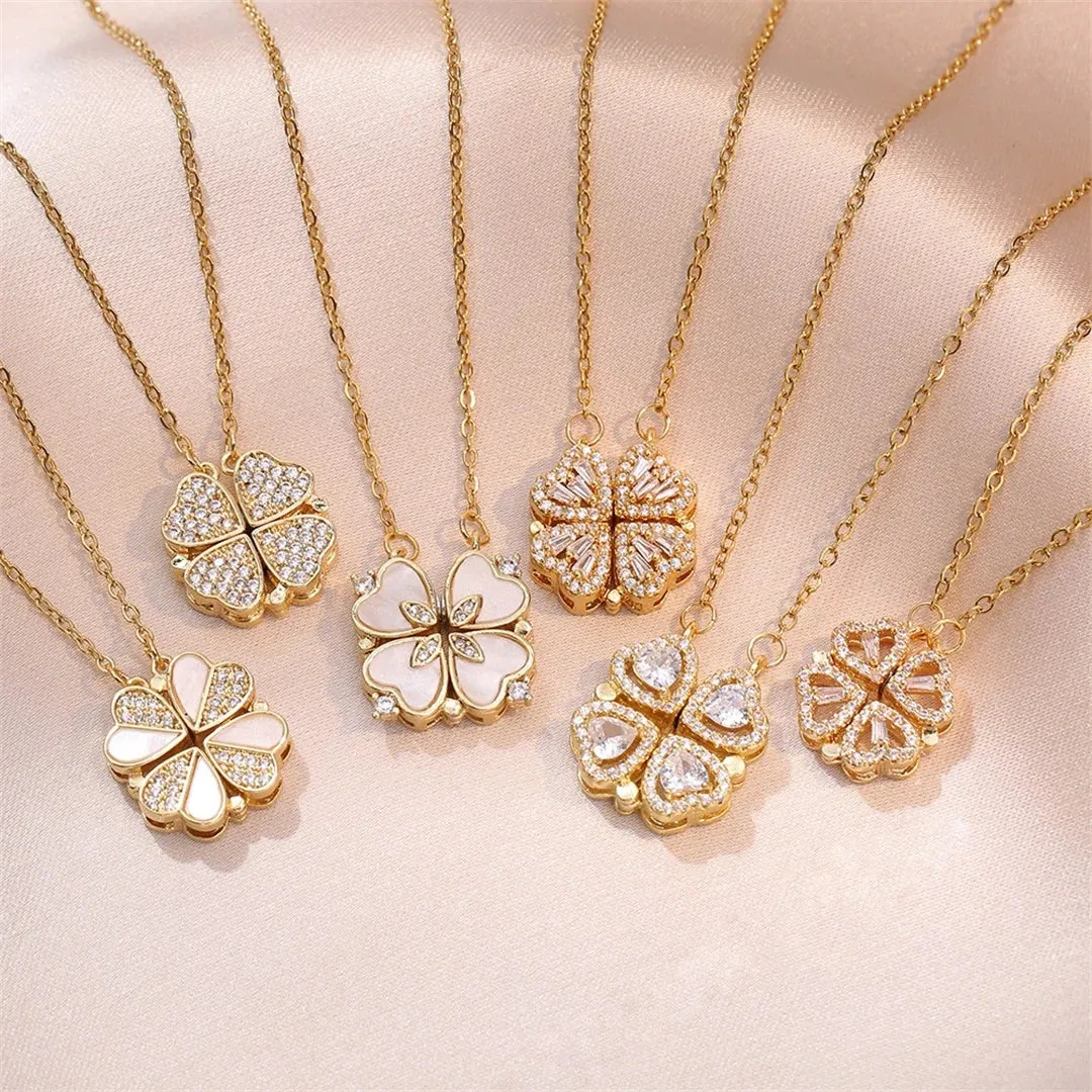 Fashion Retro Lucky Four Leaf Clover Necklace Gothic Love Heart Pendant