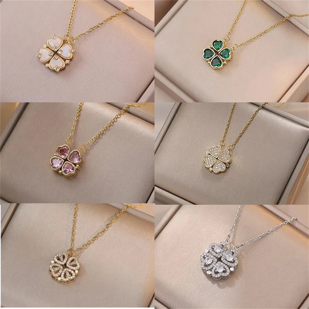 Fashion Retro Lucky Four Leaf Clover Necklace Gothic Love Heart Pendant