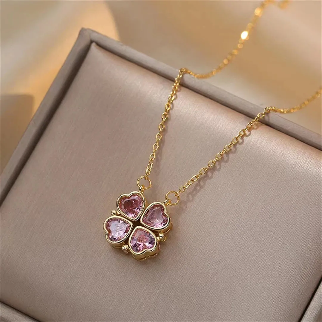 Fashion Retro Lucky Four Leaf Clover Necklace Gothic Love Heart Pendant