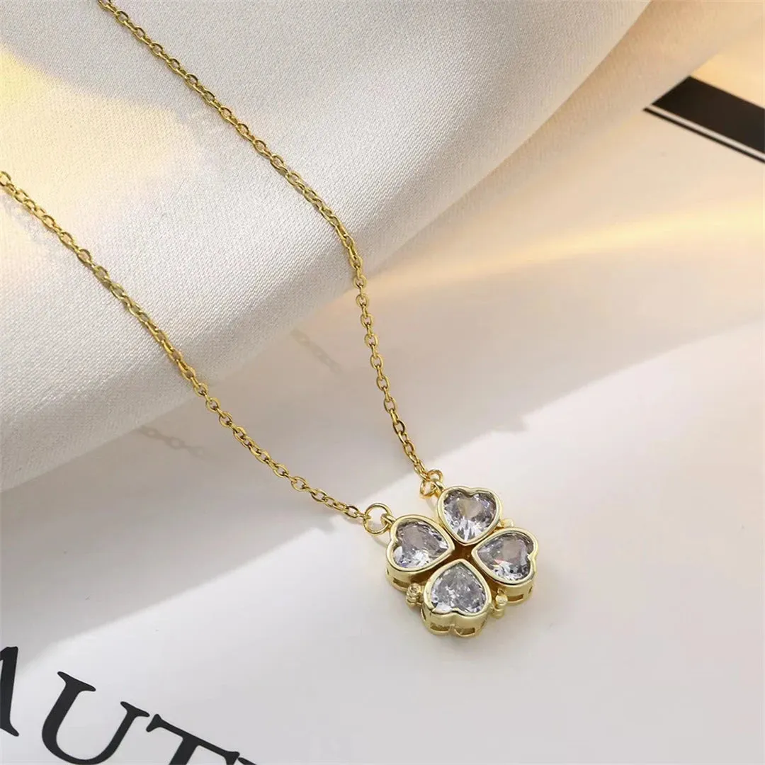 Fashion Retro Lucky Four Leaf Clover Necklace Gothic Love Heart Pendant