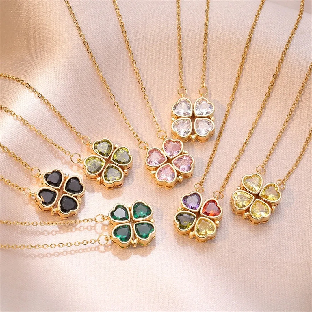 Fashion Retro Lucky Four Leaf Clover Necklace Gothic Love Heart Pendant