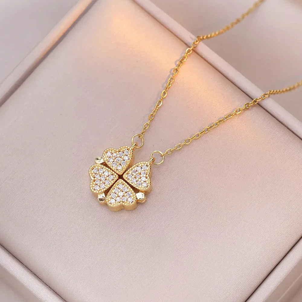 Fashion Retro Lucky Four Leaf Clover Necklace Gothic Love Heart Pendant