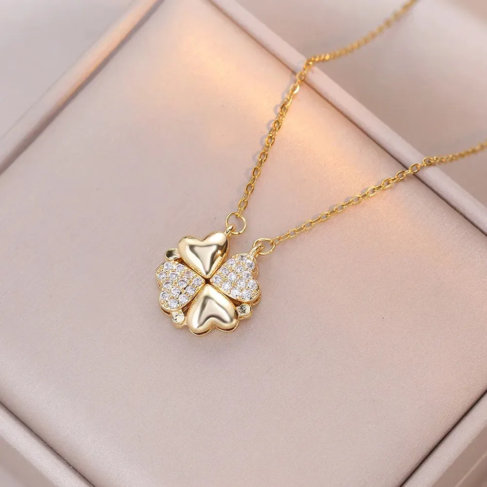 Fashion Retro Lucky Four Leaf Clover Necklace Gothic Love Heart Pendant