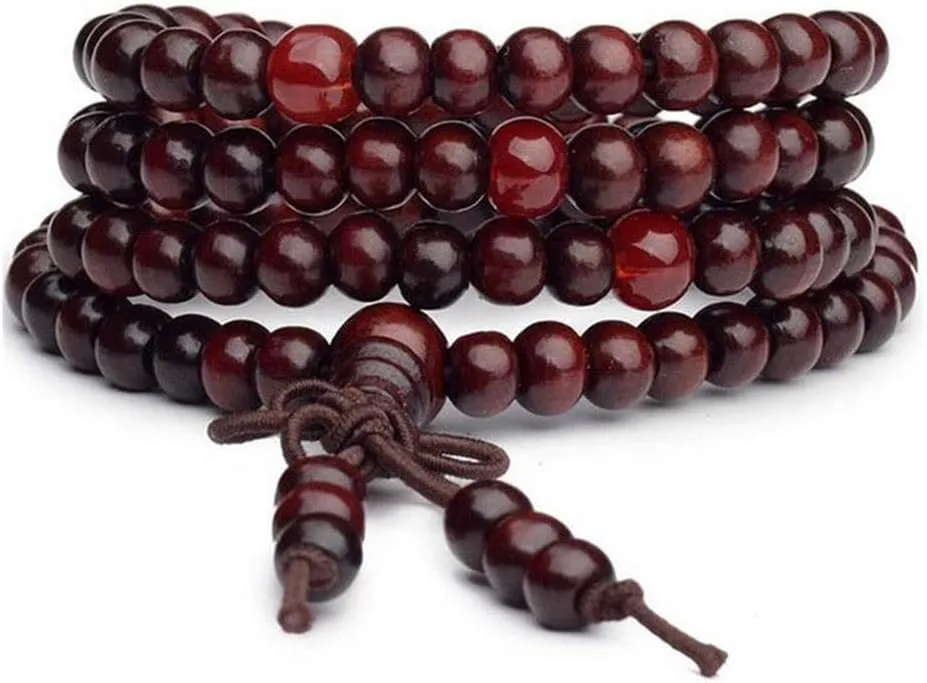 Feng shui bracelet,Braided Rope Bracelet, 108 Prayer Wooden Beads Bracelet, 8MM Meditation Buddha Tibetan Bracelet, Natural Ebony Sandalwood Prayer Beads Wrist Necklace Chain for Men and Women