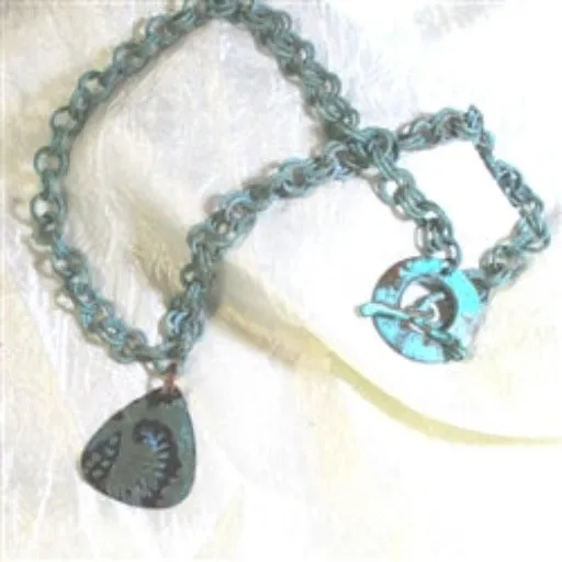 Fern Patina Copper Guitar Pick Pendant Necklace