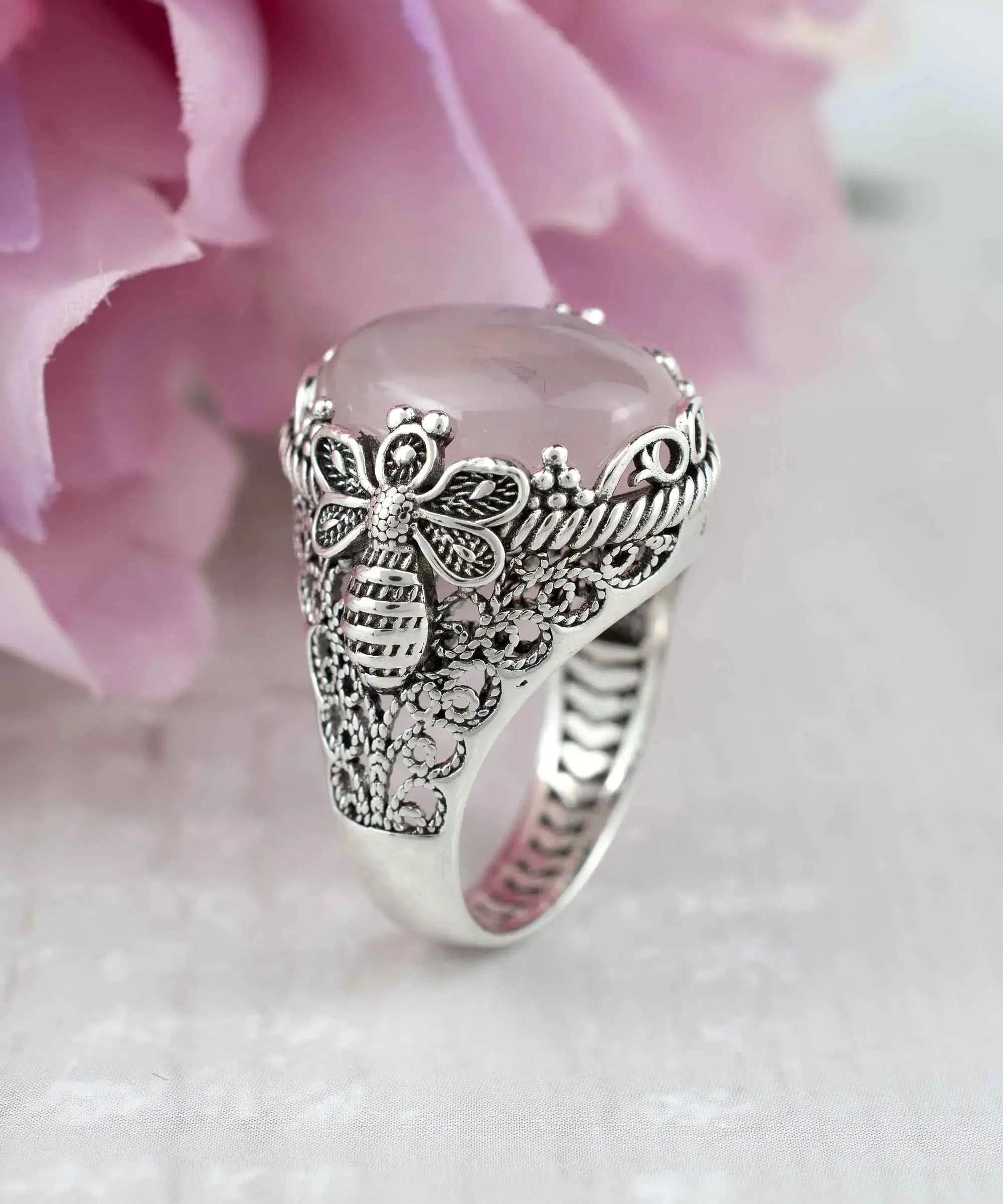 Filigree Art Bee Detailed Rose Quartz Gemstone Women Silver Statement Ring