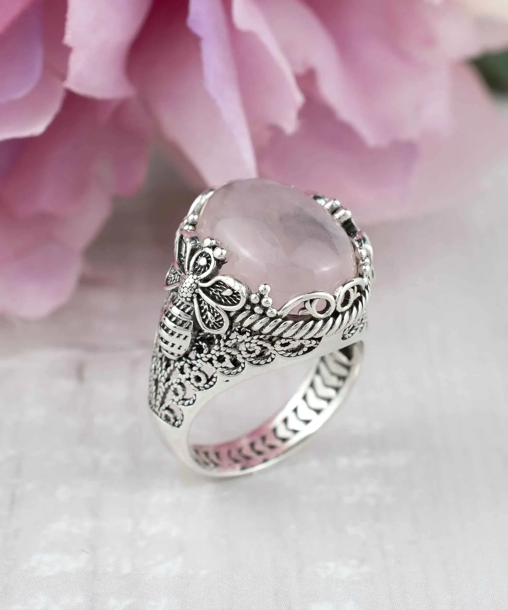 Filigree Art Bee Detailed Rose Quartz Gemstone Women Silver Statement Ring