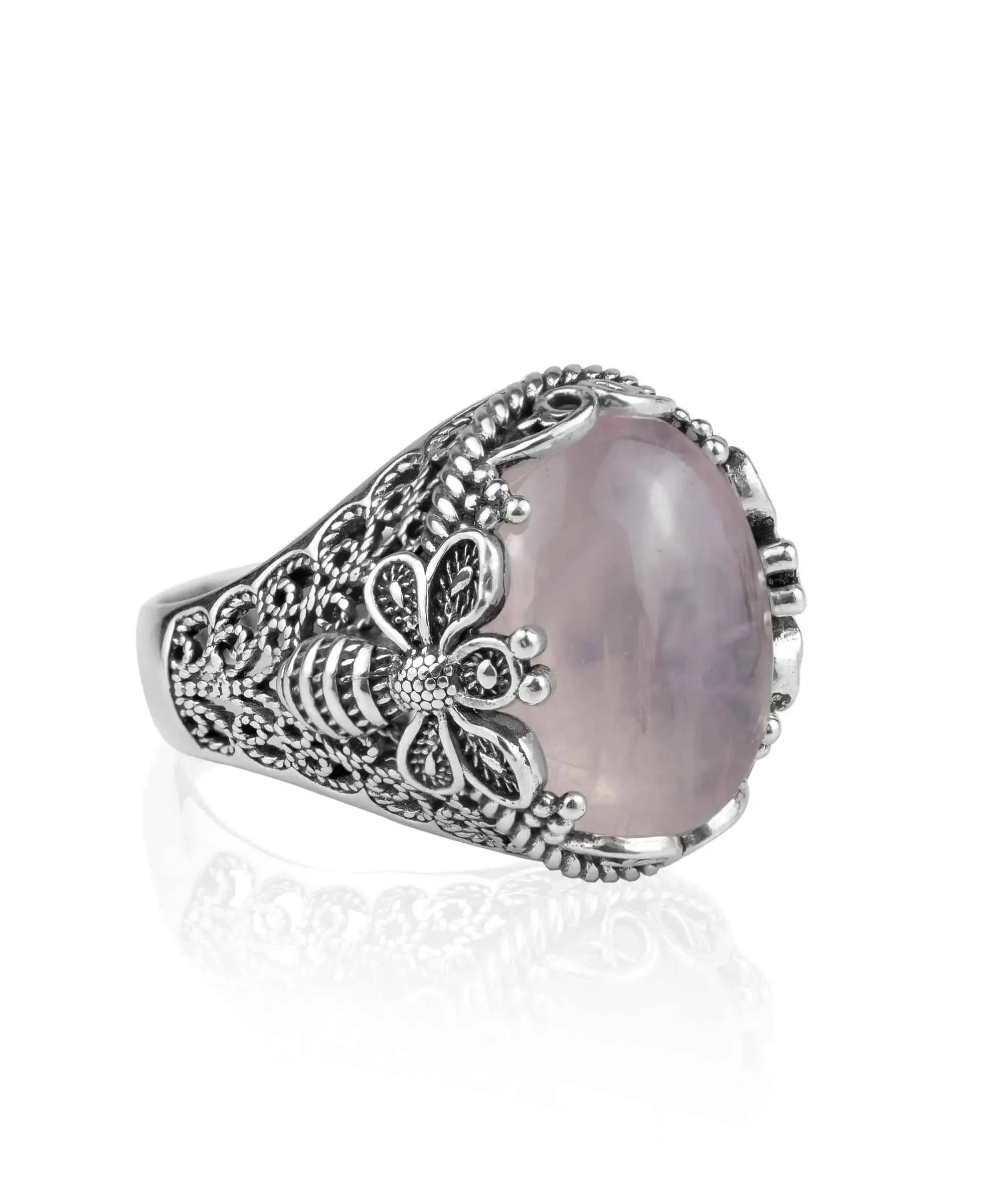 Filigree Art Bee Detailed Rose Quartz Gemstone Women Silver Statement Ring