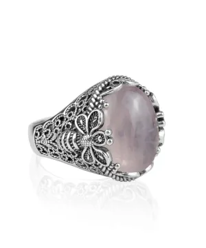 Filigree Art Bee Detailed Rose Quartz Gemstone Women Silver Statement Ring
