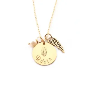 Fingerprint Custom Name Disc Memorial Angel Wing Necklace - 14k Gold Filled Jewelry - Personalized Necklace - Gift For Her