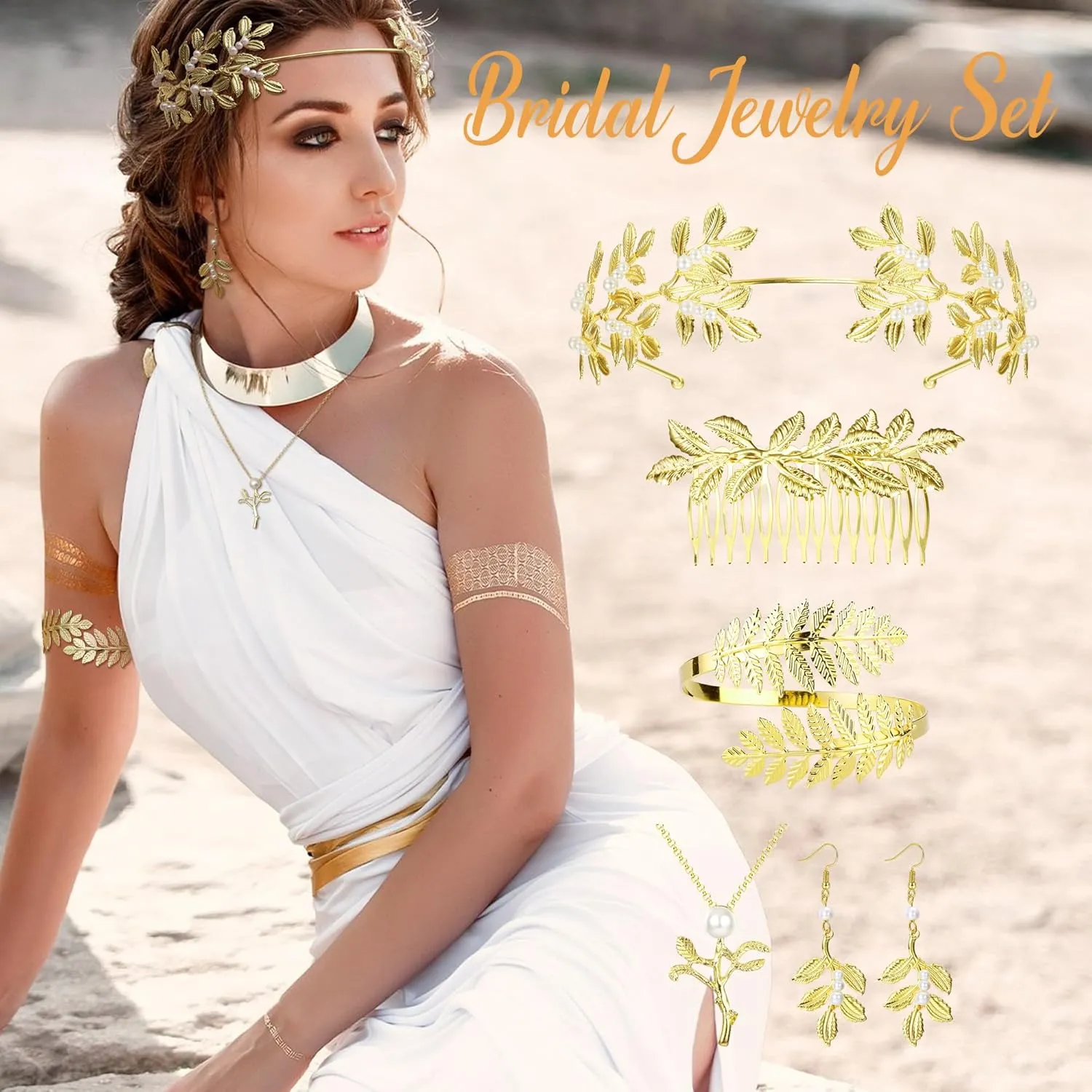 FINREZIO Greek Goddess Costume Accessories Jewelry Set For Women Leaf Arm Cuff Goddess Crown Headband Pearl Dangle Earring Necklace Hair Pin Belt Chain Adjustable Bridal Wedding Halloween