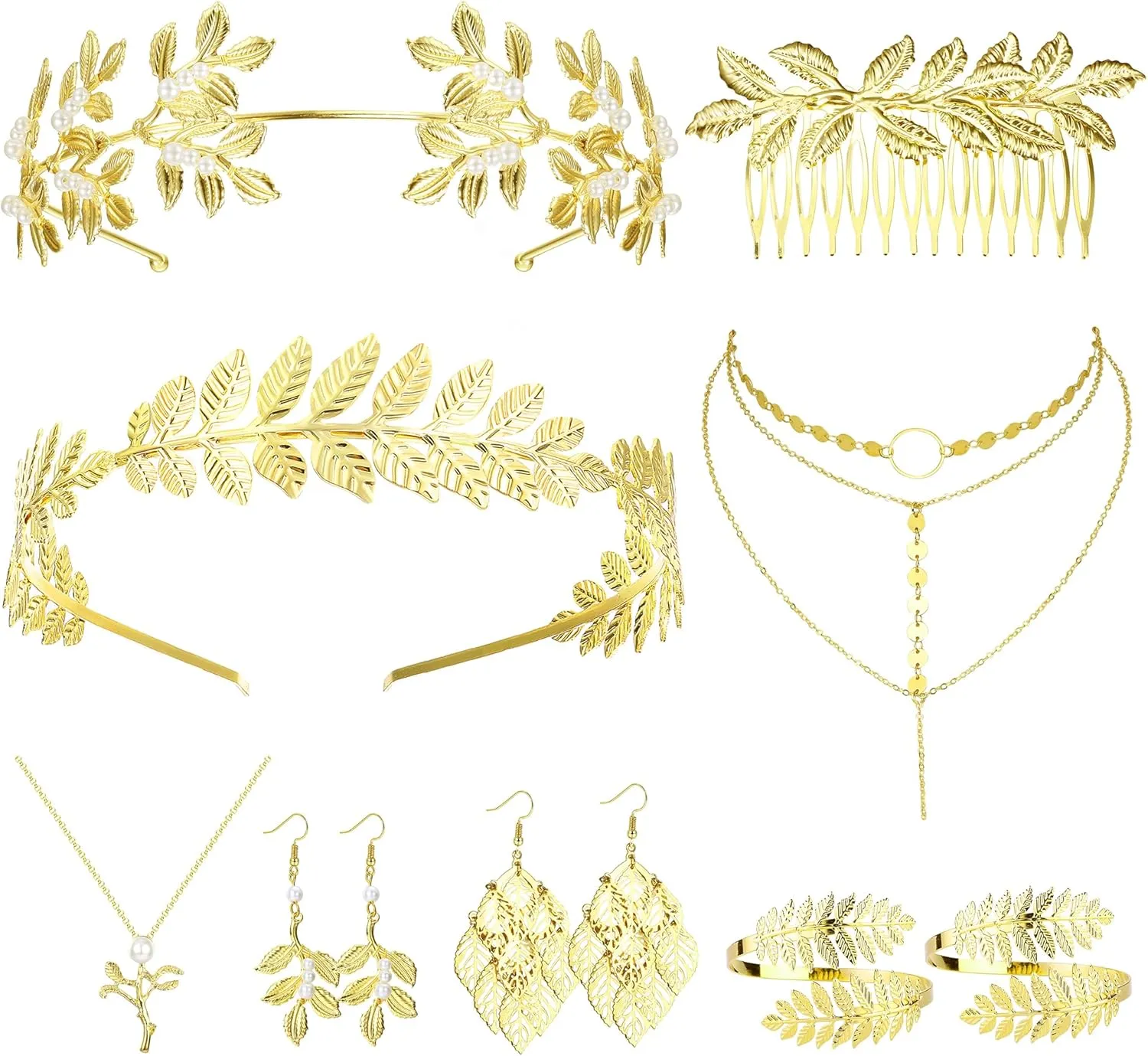 FINREZIO Greek Goddess Costume Accessories Jewelry Set For Women Leaf Arm Cuff Goddess Crown Headband Pearl Dangle Earring Necklace Hair Pin Belt Chain Adjustable Bridal Wedding Halloween