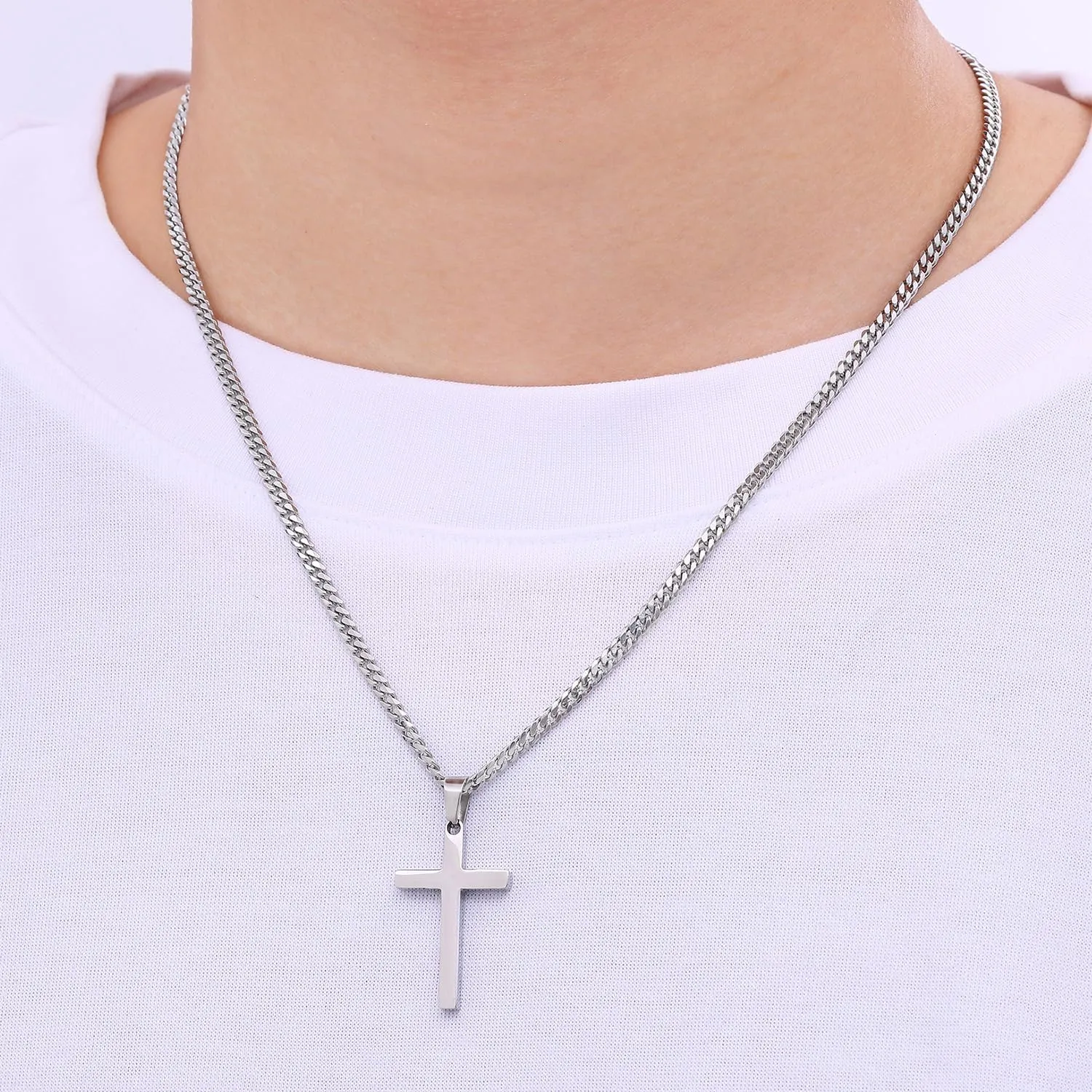 Fiusem Cross Necklace for Men, Silver Tone Mens Cross Necklaces with 3.5mm Chain and Stainless Steel Pendant, Cuban Chain 16-24 Inches