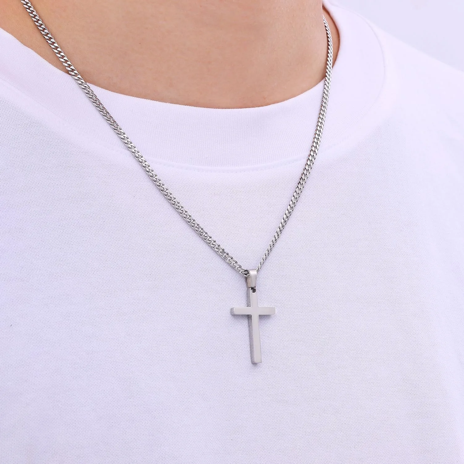 Fiusem Cross Necklace for Men, Silver Tone Mens Cross Necklaces with 3.5mm Chain and Stainless Steel Pendant, Cuban Chain 16-24 Inches
