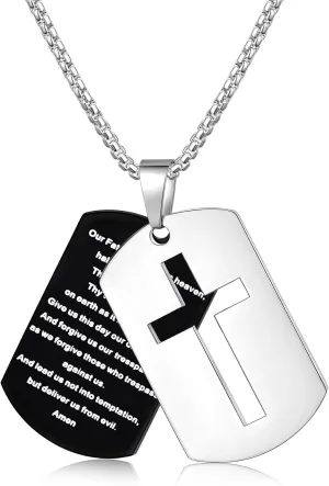 Fiusem Dog Tag Necklace for Men, Inspirational Bible Verse Cross Necklace for Men 24 Inches Chain