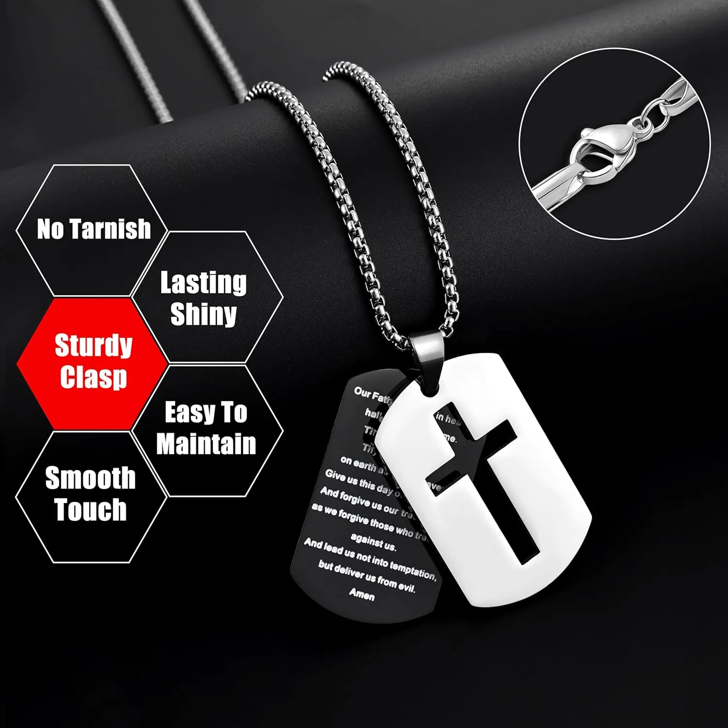 Fiusem Dog Tag Necklace for Men, Inspirational Bible Verse Cross Necklace for Men 24 Inches Chain