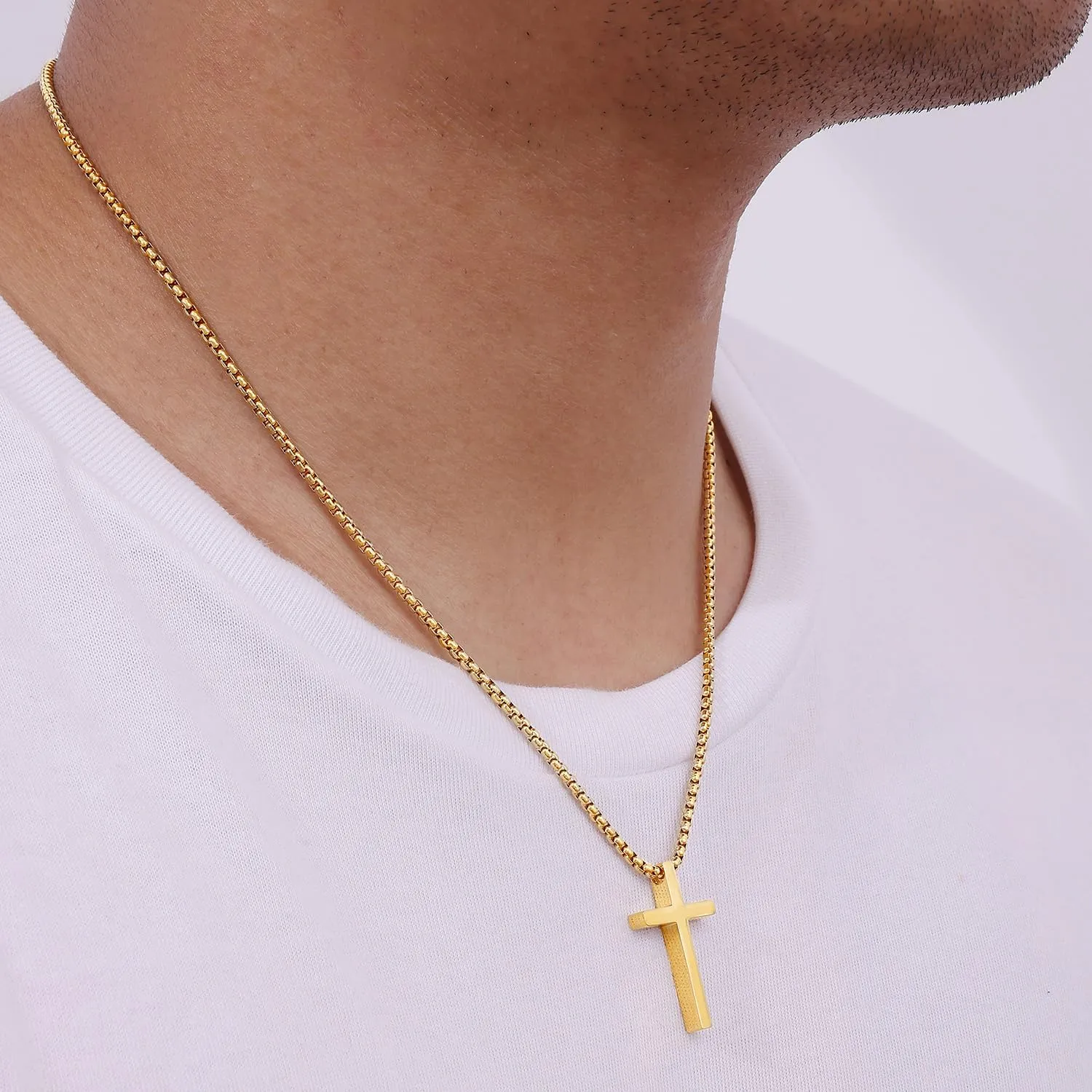 Fiusem Father's Day Gifts Cross Necklace for Men, Silver/Gold/Black Mens Cross Necklaces with 2.5mm Cross Chain and Stainless Steel Cross Pendant, Box Chain 16-24 Inch