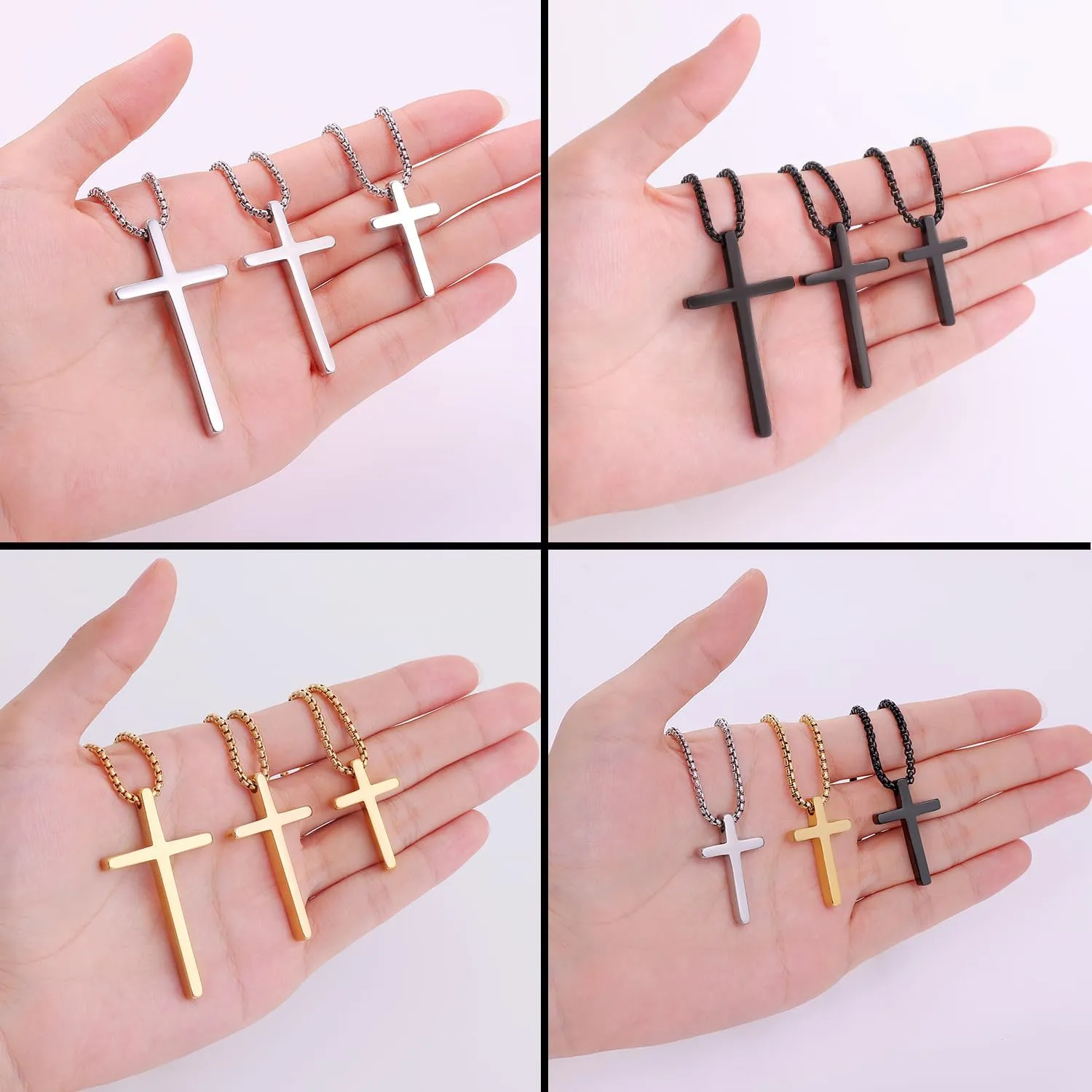 Fiusem Father's Day Gifts Cross Necklace for Men, Silver/Gold/Black Mens Cross Necklaces with 2.5mm Cross Chain and Stainless Steel Cross Pendant, Box Chain 16-24 Inch