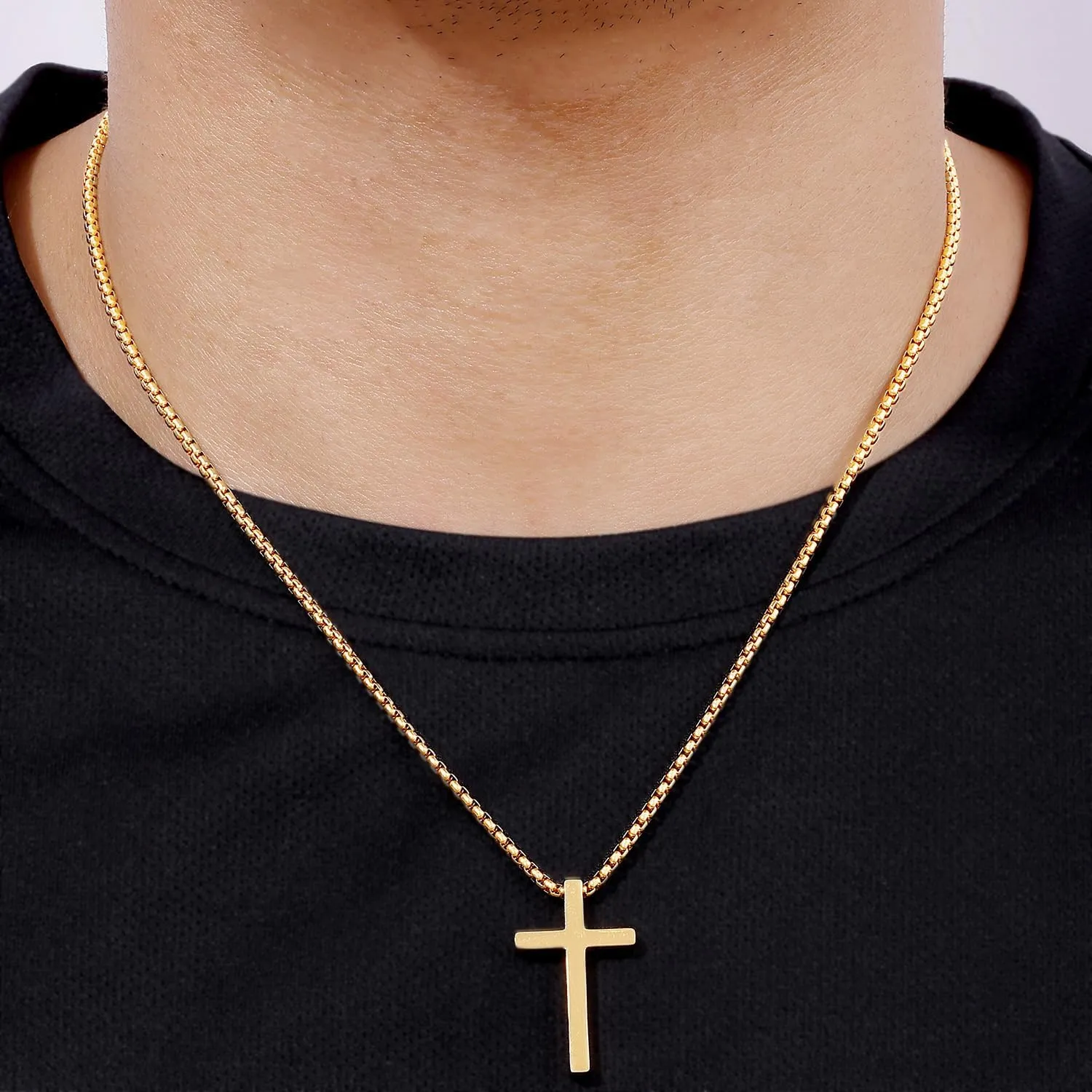 Fiusem Father's Day Gifts Cross Necklace for Men, Silver/Gold/Black Mens Cross Necklaces with 2.5mm Cross Chain and Stainless Steel Cross Pendant, Box Chain 16-24 Inch