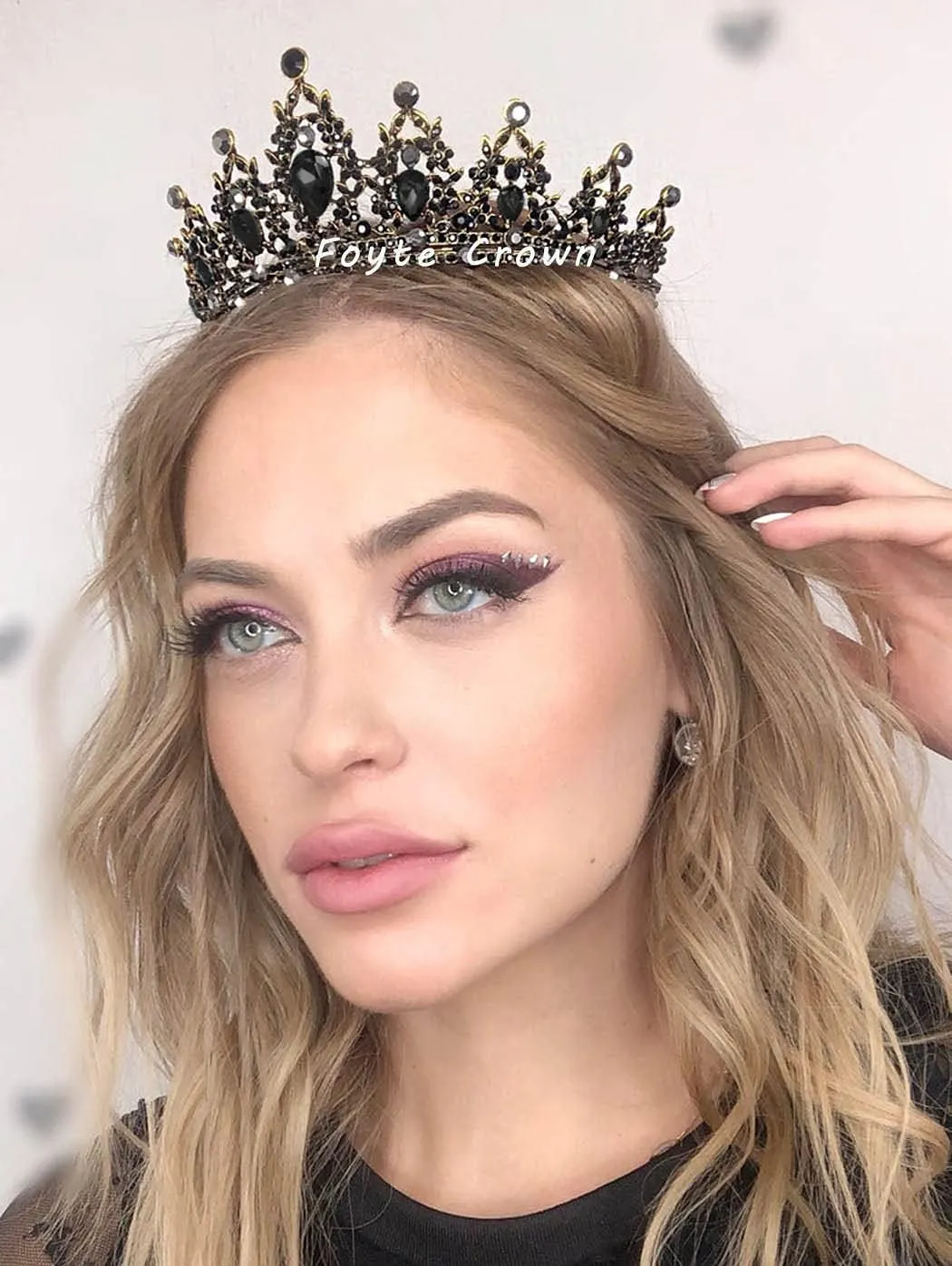 Foyte Baroque Black Crowns and Tiaras Vintage Bride Wedding Crown Gothic Black Rhinestone Tiaras Headband Prom Party Hairpieces for Women and Girls