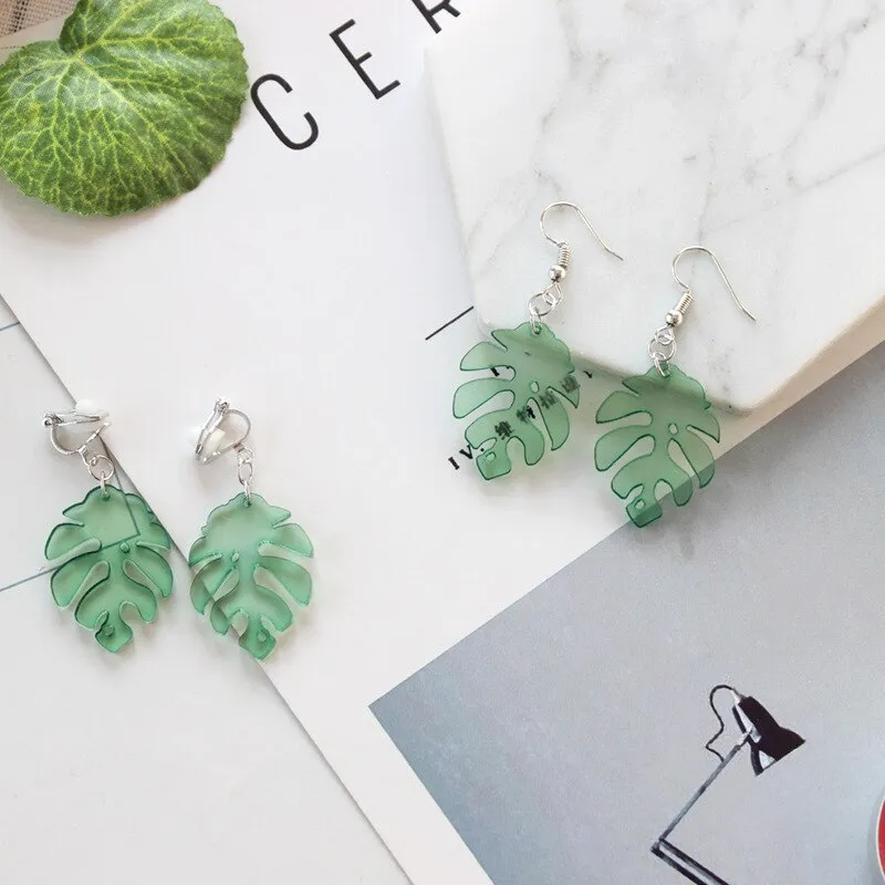 Fresh Acrylic Green Leaf Dangle Earrings For Women