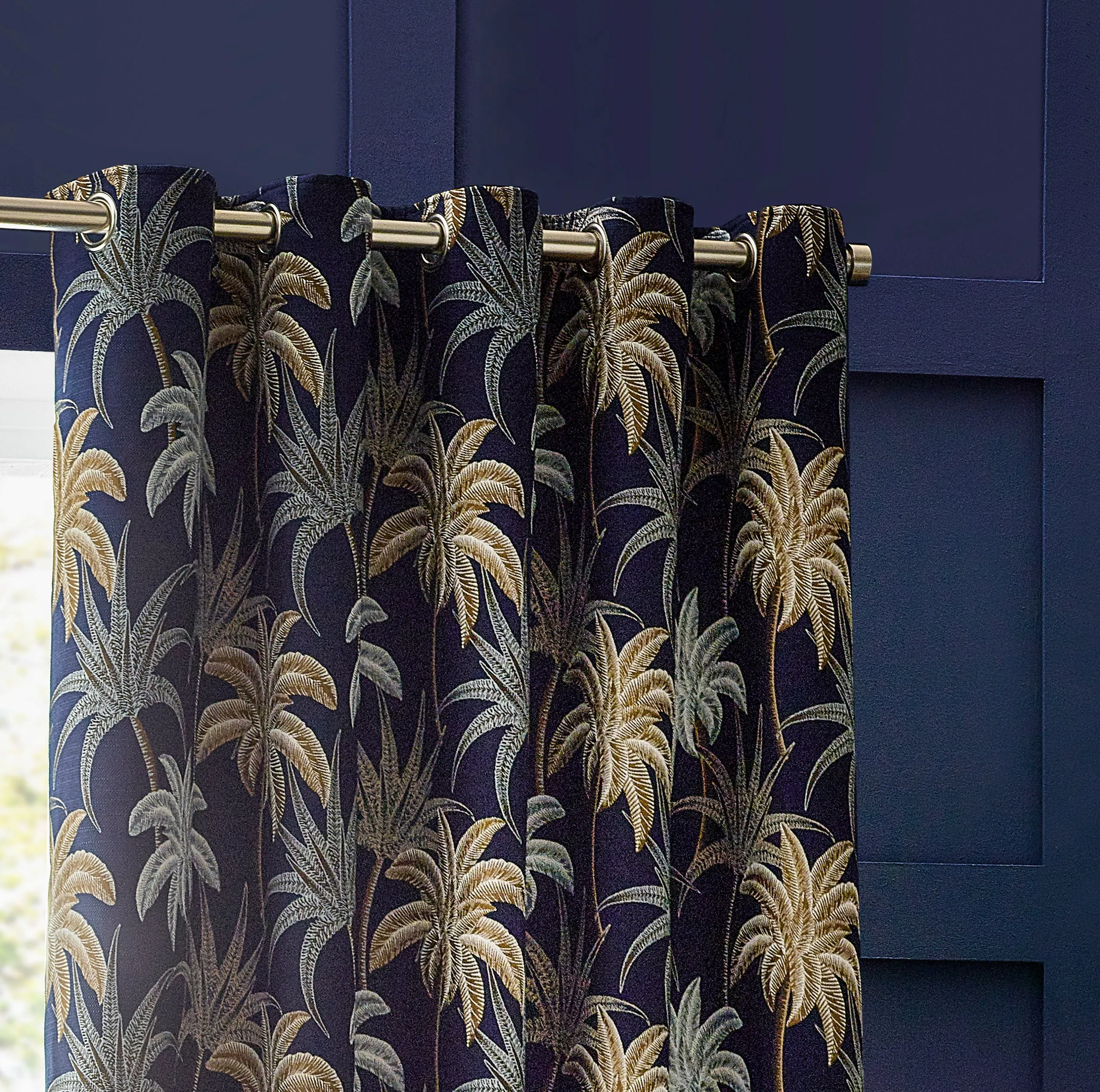 Galapagos Jacquard Ready Made Eyelet Curtains Navy