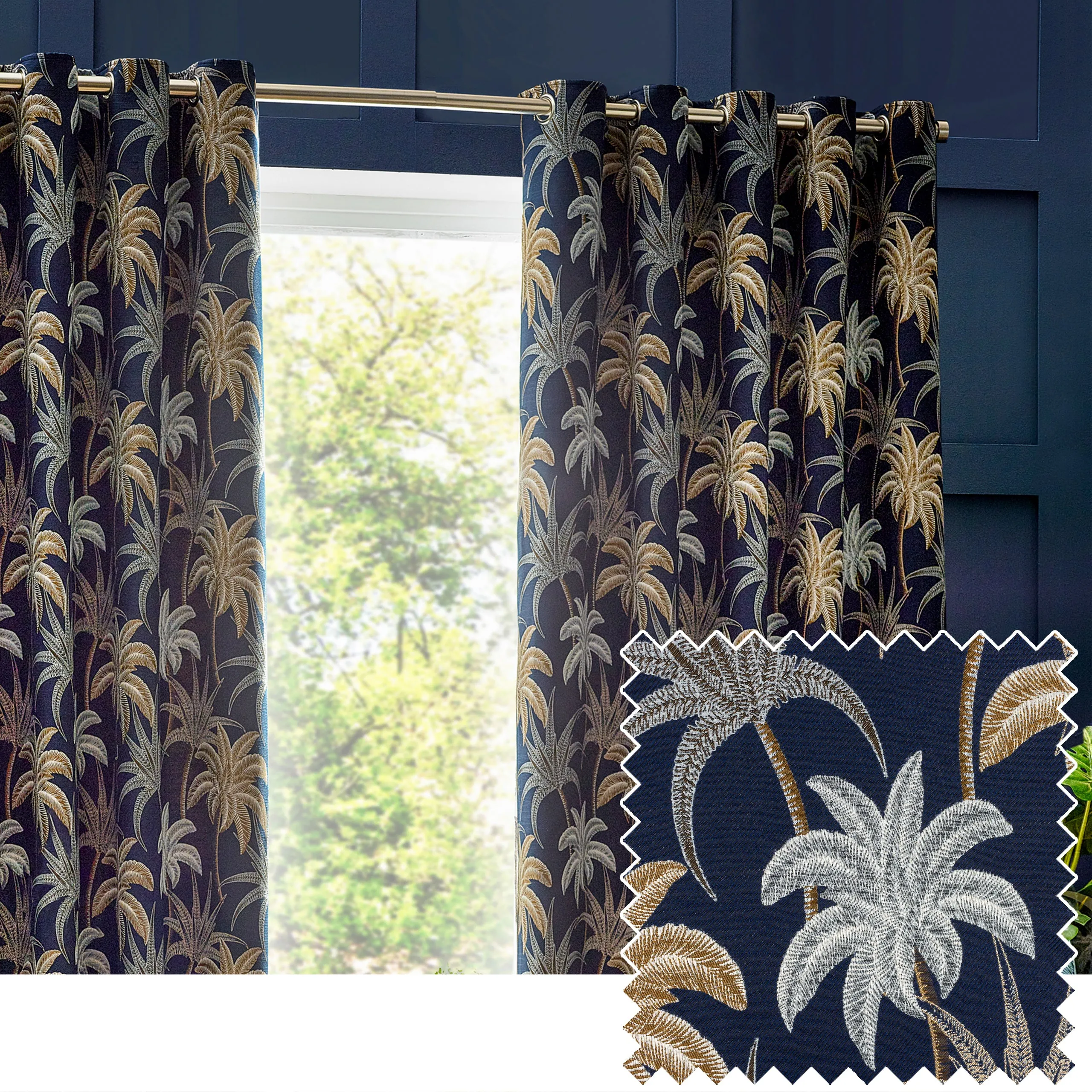Galapagos Jacquard Ready Made Eyelet Curtains Navy