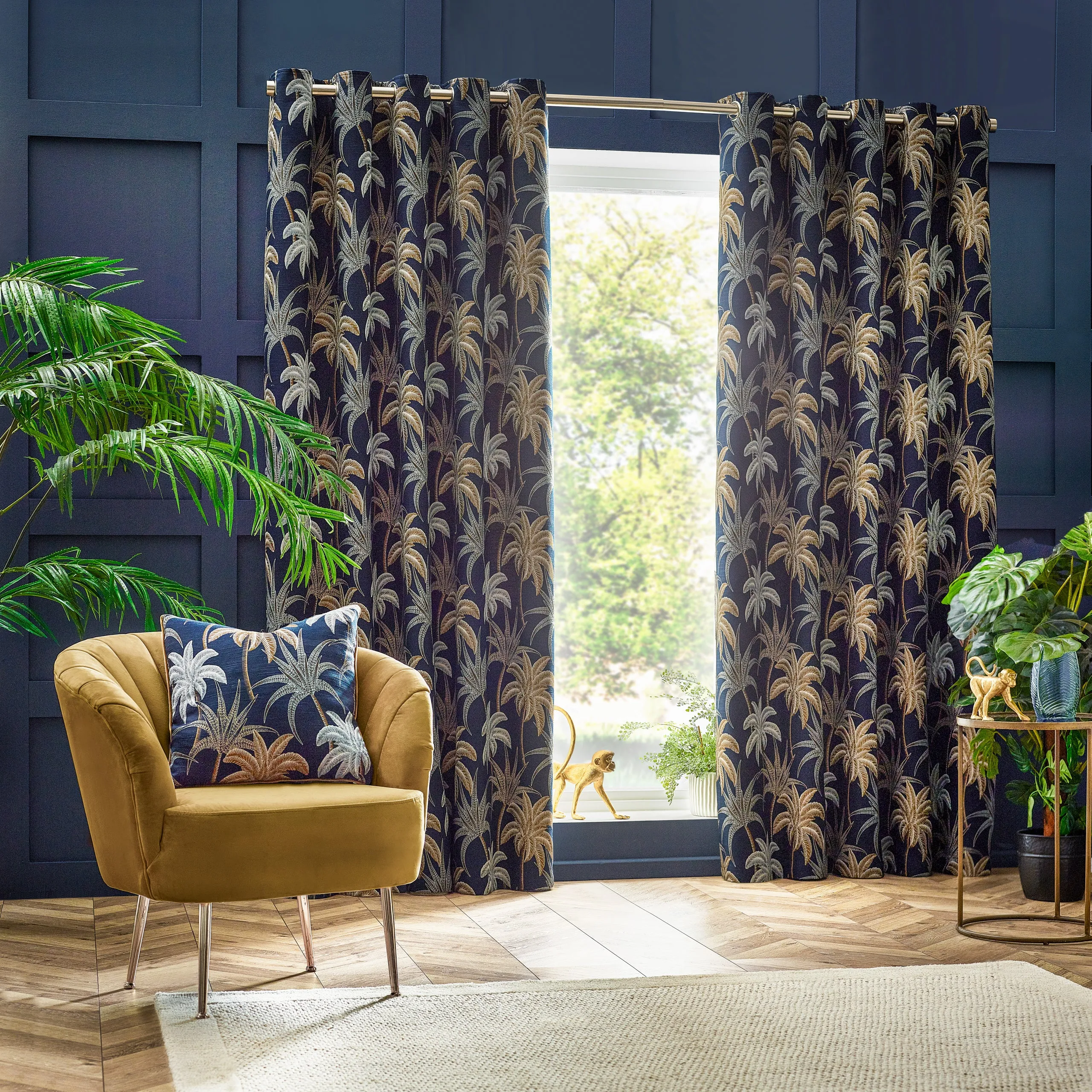Galapagos Jacquard Ready Made Eyelet Curtains Navy
