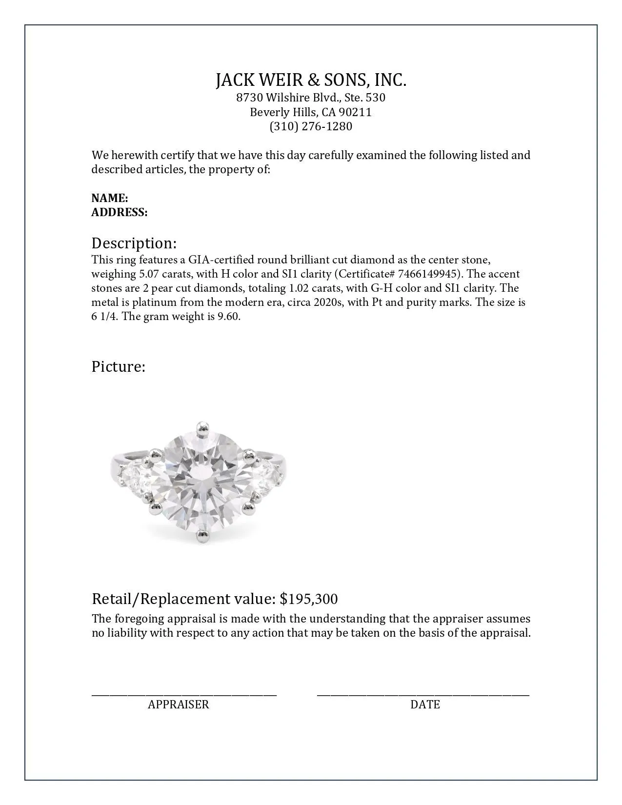 GIA 5.07 Carat Round Brilliant Cut Diamond Platinum Ring