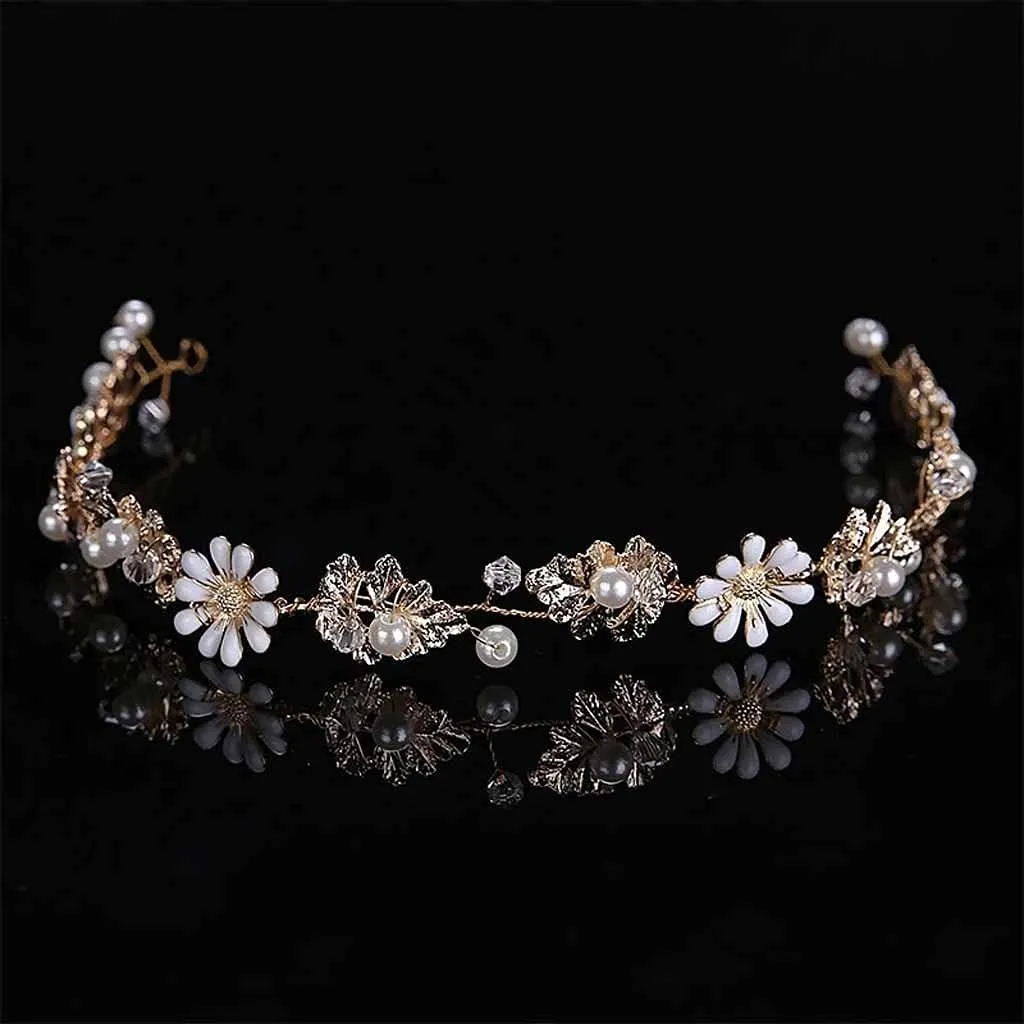 Gold Color Flower Pearls Rhinestone Headband Hair Bands Women Girl Bride Wedding Party Hair Jewelry Headpieces