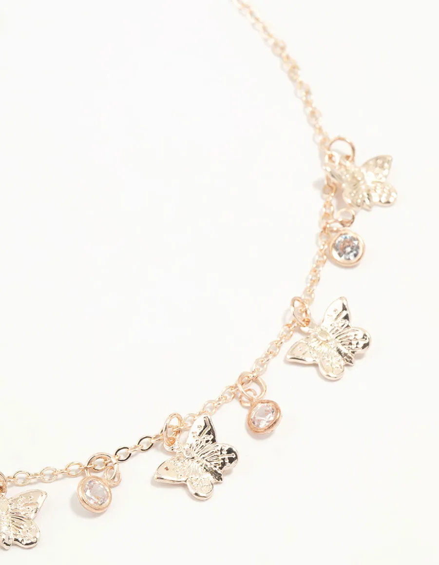 Gold Diamante Butterfly Drop Pendant Necklace