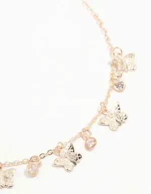 Gold Diamante Butterfly Drop Pendant Necklace