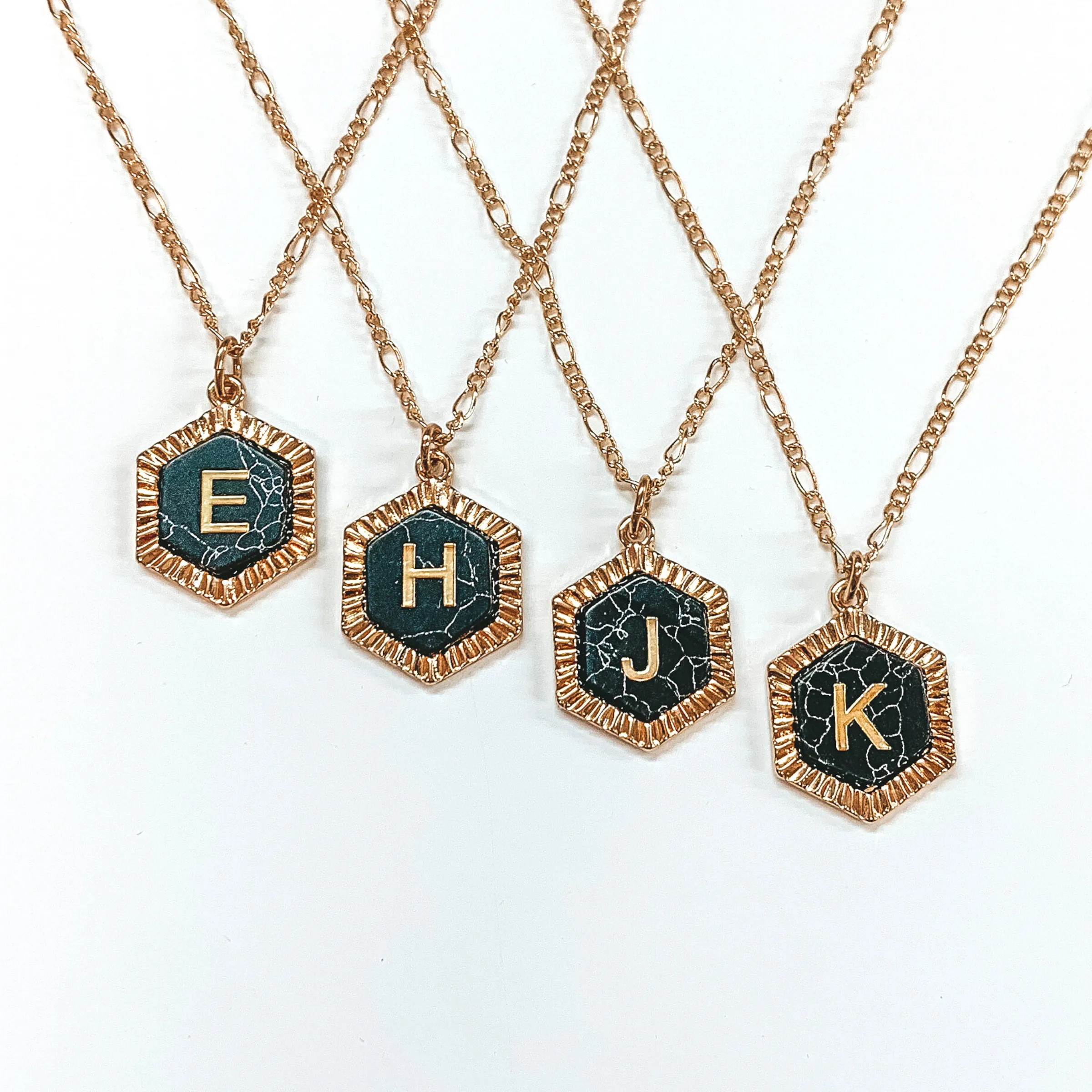 Gold Figaro Chain Necklace with Hexagon Initial Pendant in Black