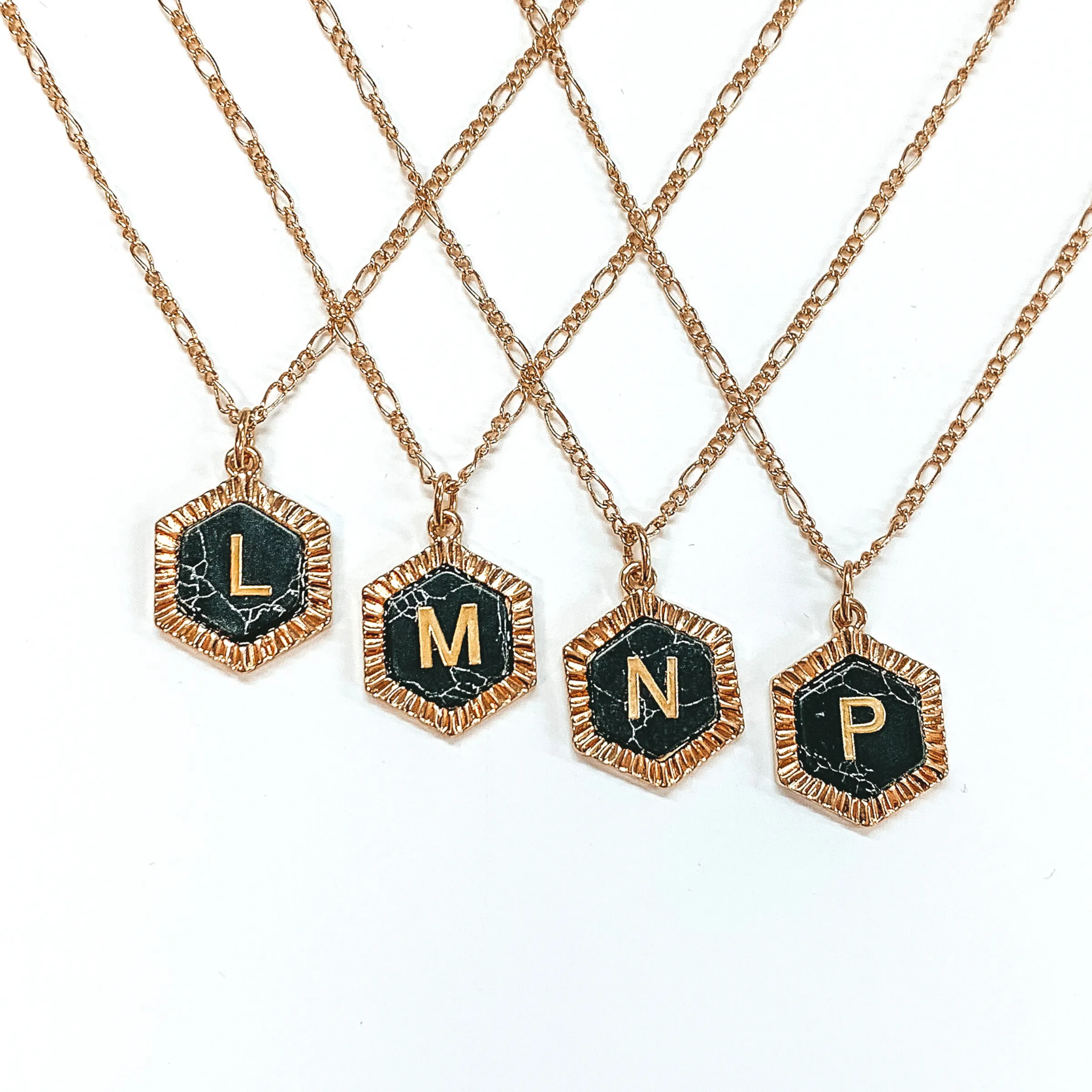 Gold Figaro Chain Necklace with Hexagon Initial Pendant in Black